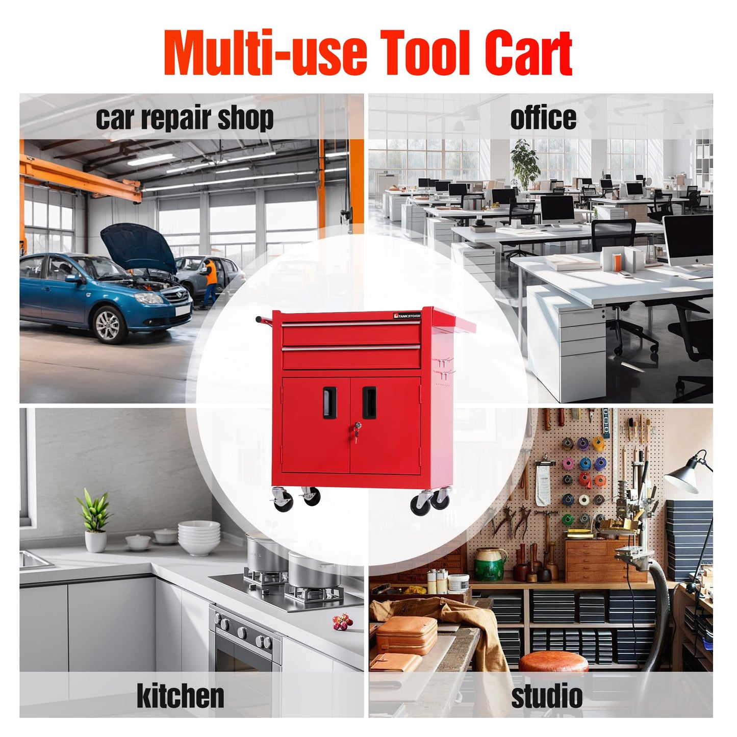 TANKSTORM Tool Chest Heavy Duty Cart Steel Rolling Tool Box with Lockable Doors (TZ12 Red)