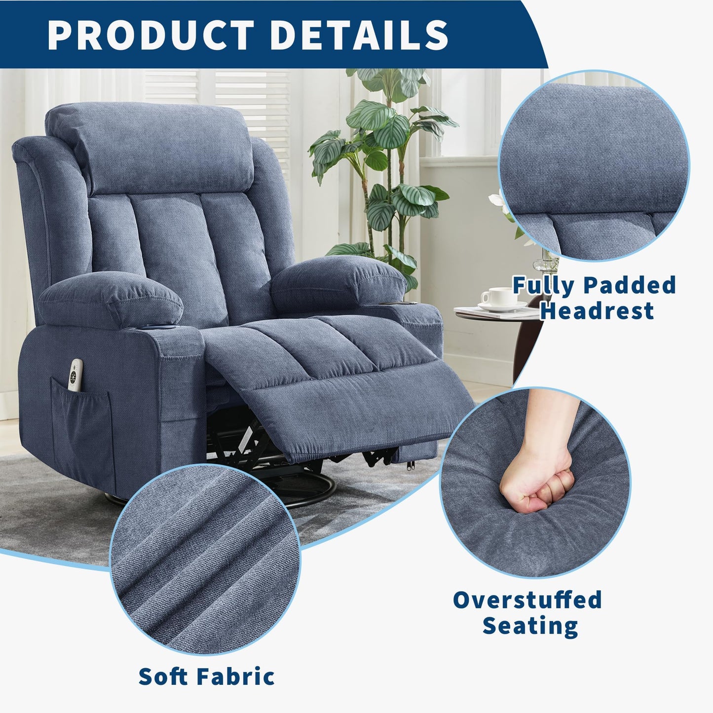 Oversized Swivel Rocker Recliner Chair with Heat & Massage, 3-Position Adjustable Nursery Recliner for Adults, Dual Cup Holders, Side Pockets, USB Charging Ports Blue
