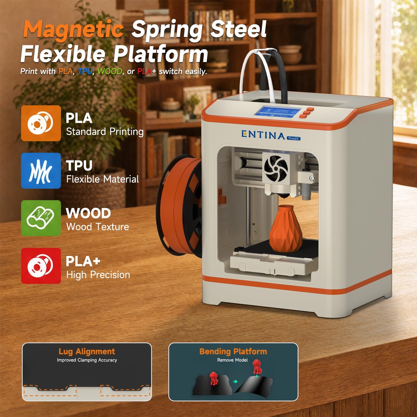 ENTINA TINA2C Mini 3D Printer with Wi-Fi & App Control, Fully Assembled, Auto Leveling, Silent Print,1500+ Models, 20+ DIY Modules, Fully Open Source DIY 3D Printer for Beginners, Makers