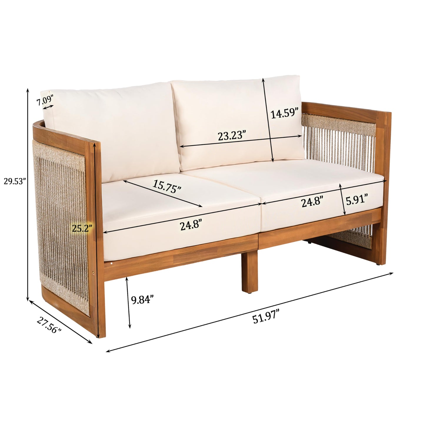 Christopher Knight Home Nesbit 4 Pieces Conversation Set, Acacia Wood Chat Set, Woven Rope Loveseat and Accent Chairs, Slat Panel Coffee Table, Patio Furniture Set for Backyard Balcony Garden, Beige