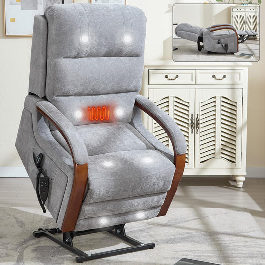 KEIKI Chenille Electric Power Lift Recliner Chair with Heat Massage, Solid Wood Armrests & Timer Function, Elderly Lazy Boy Sofa Seating for Home Theater, Infinite Position, Dual Motor, Up to 350 LBS