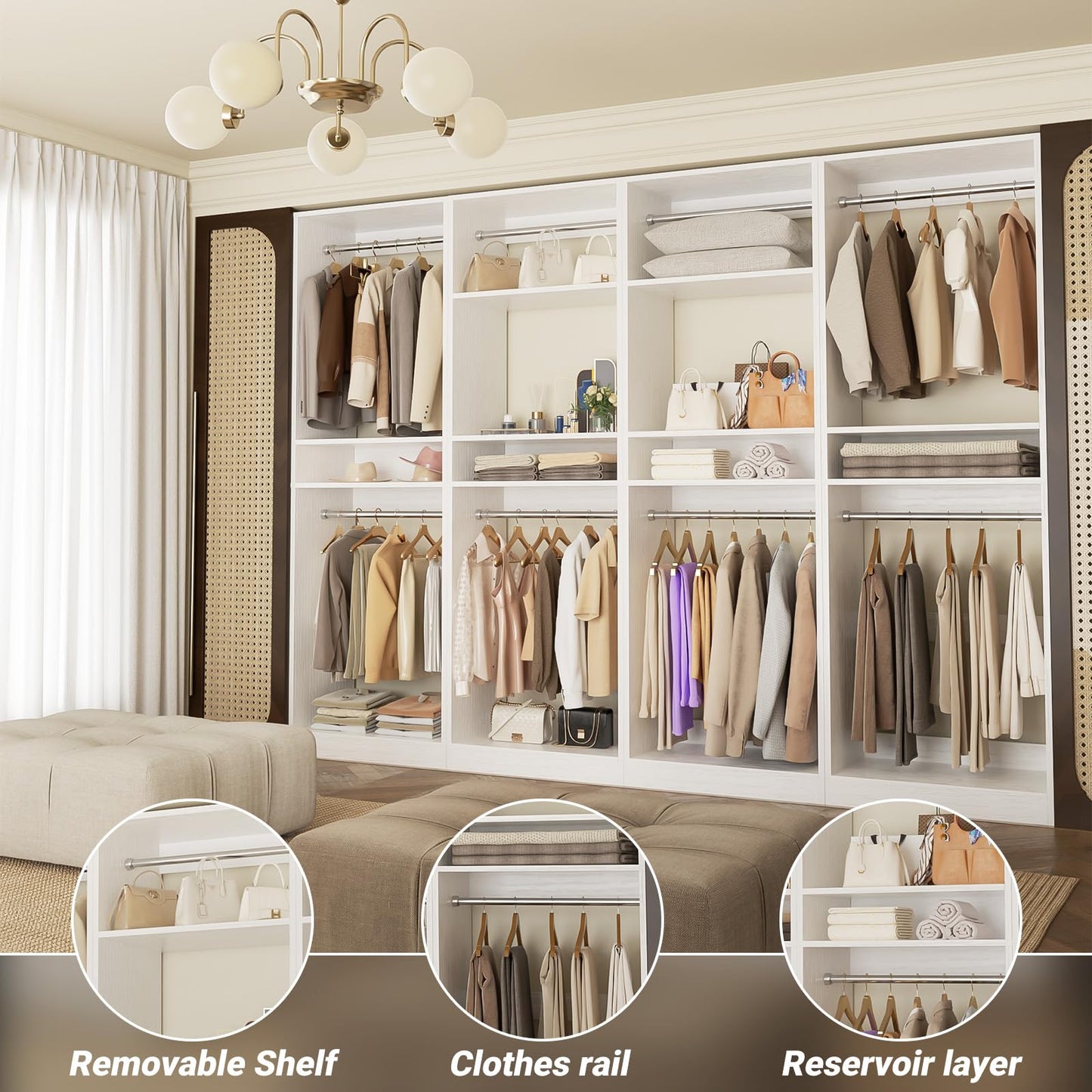 Unikito 100” Closet System, 8.3FT Wood Closet Storage Organizer with 8 Hanging Rods, Adjustable Large Walk in Wardrobe Closet Tower, Sturdy Clothes Garment Rack, Easy Assembly, Set of 4, White