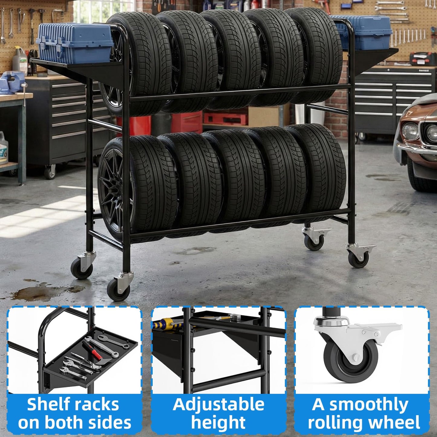GAMINA KAVISI Tire Storage Rack, Adjustable Tire Rack for Garage, Rolling Tire Rack with 4 Swivel Casters & 2 Shelves, Durable Tire Storage Solution.59 L x 22" W x 59" H.