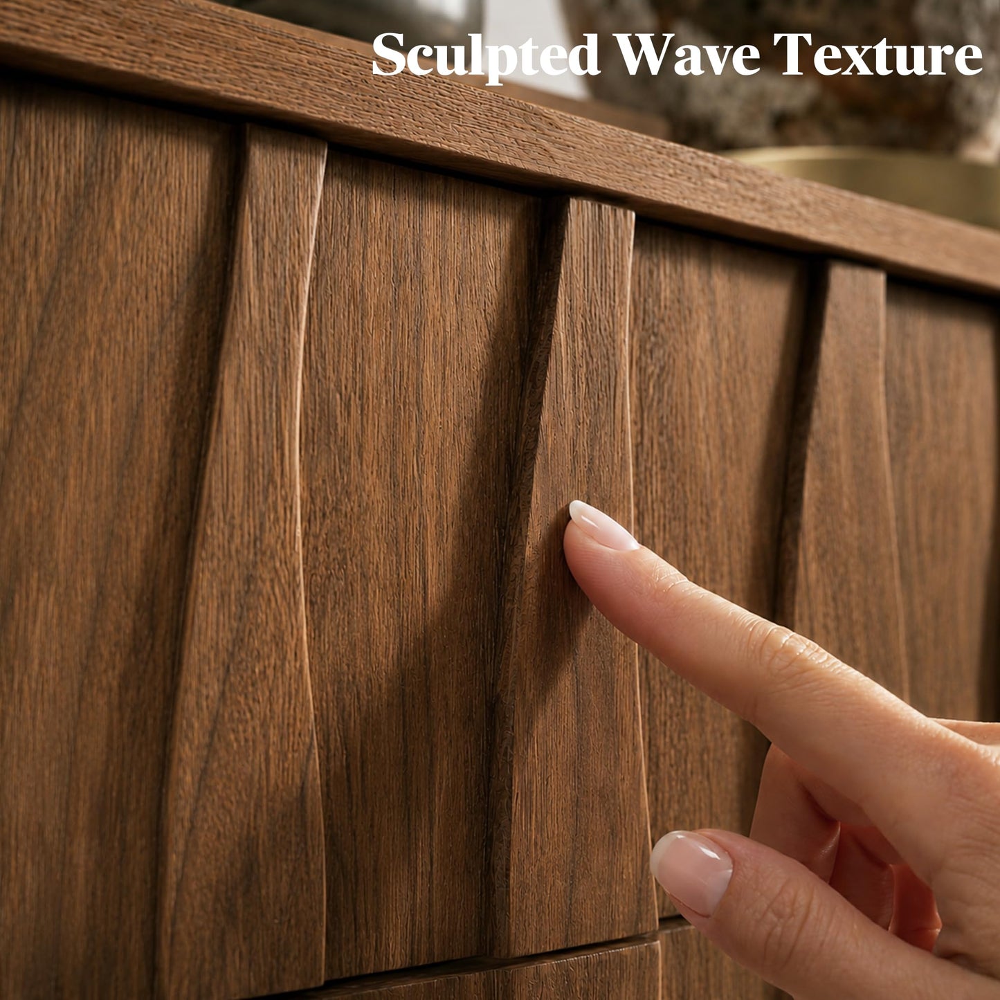 Mid-Century Modern Walnut Nightstands Set of 2, Wide Bedside Tables with 3 Drawers Each, Sculpted 3D Wave Front, Push-to-Open Handle-Free Drawers & Black Metal Legs