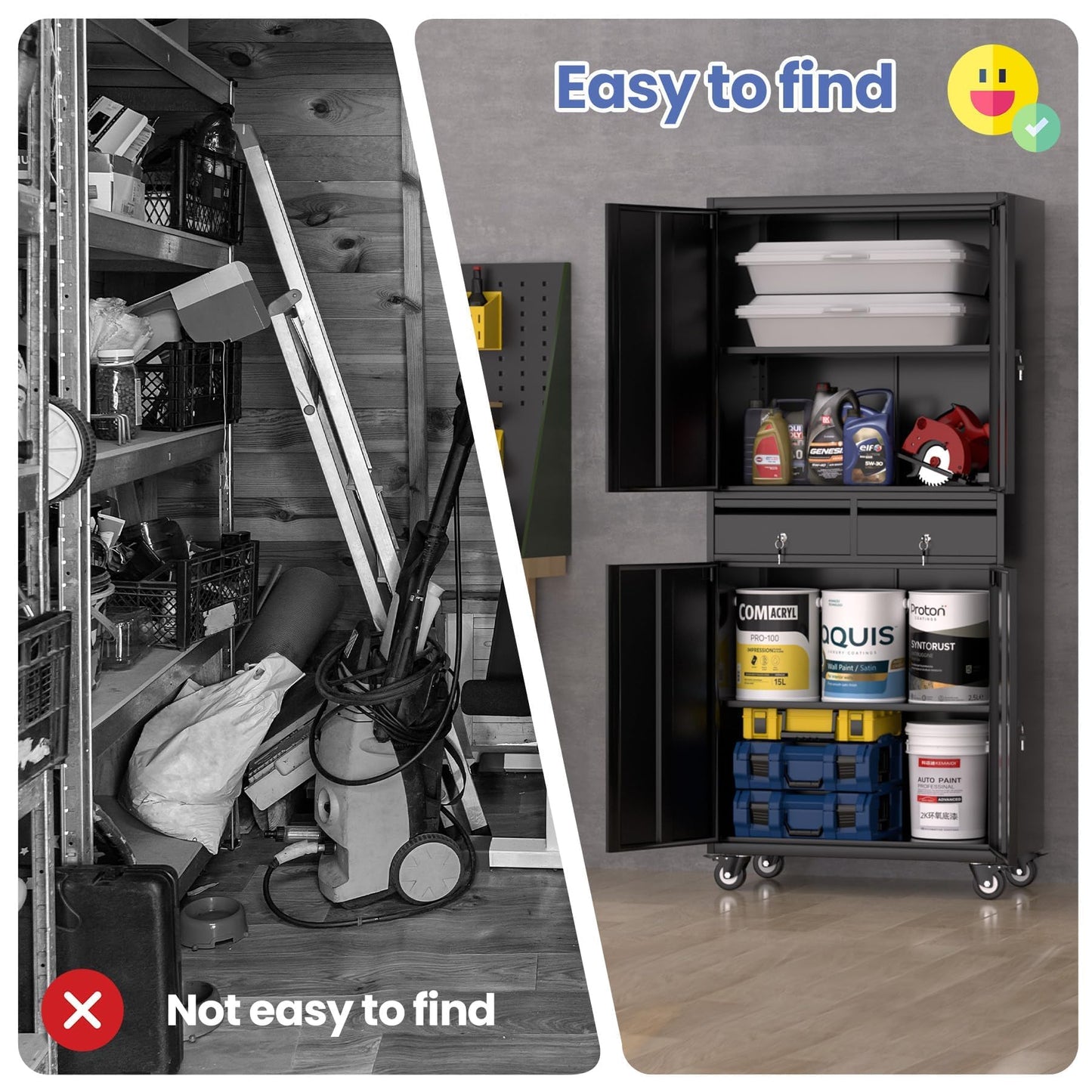 Garvee Metal Storage Cabinet, 73 Inch Garage Storage with Locking Doors and Adjustable Shelves, Heavy Duty Tool Cabinet with 2 Drawers