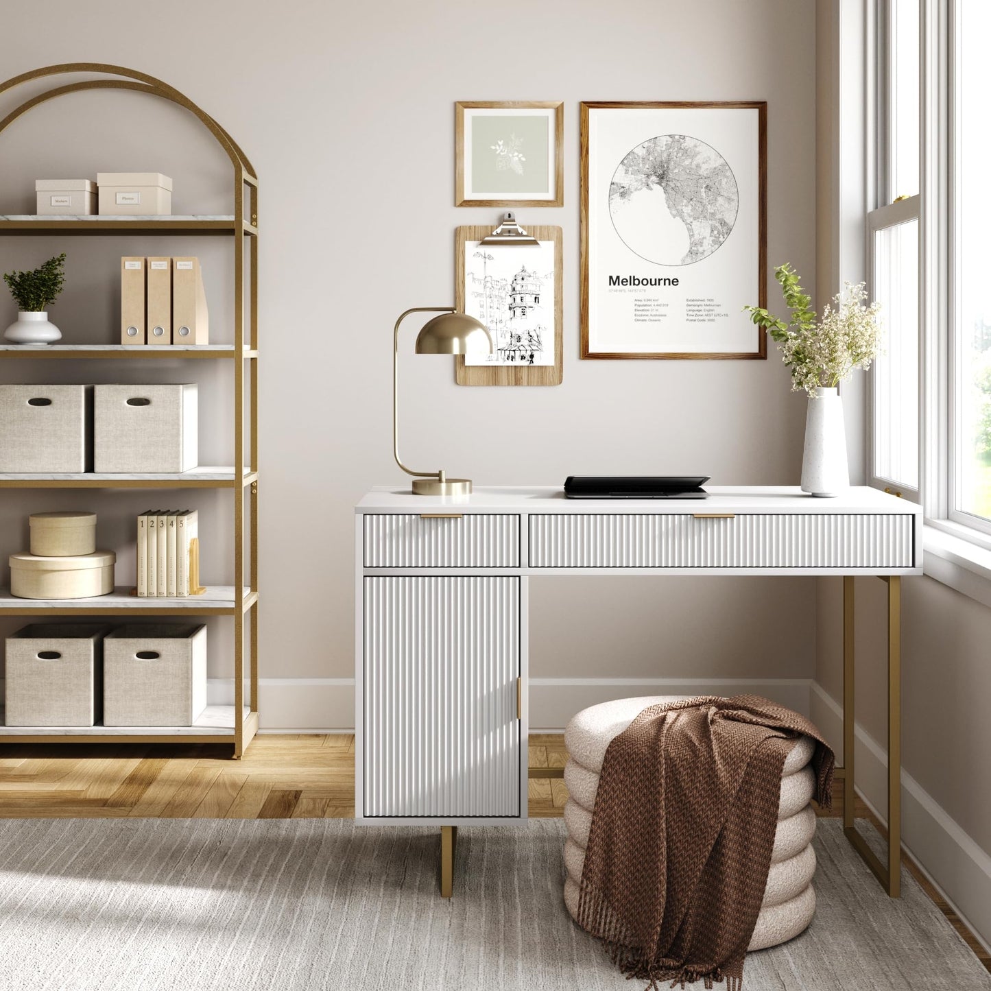Nathan James Jacklyn White Modern Computer Desk, Workstation or Writing Desk for Small Spaces with Drawers and Cabinet Storage, White/Pale Gold