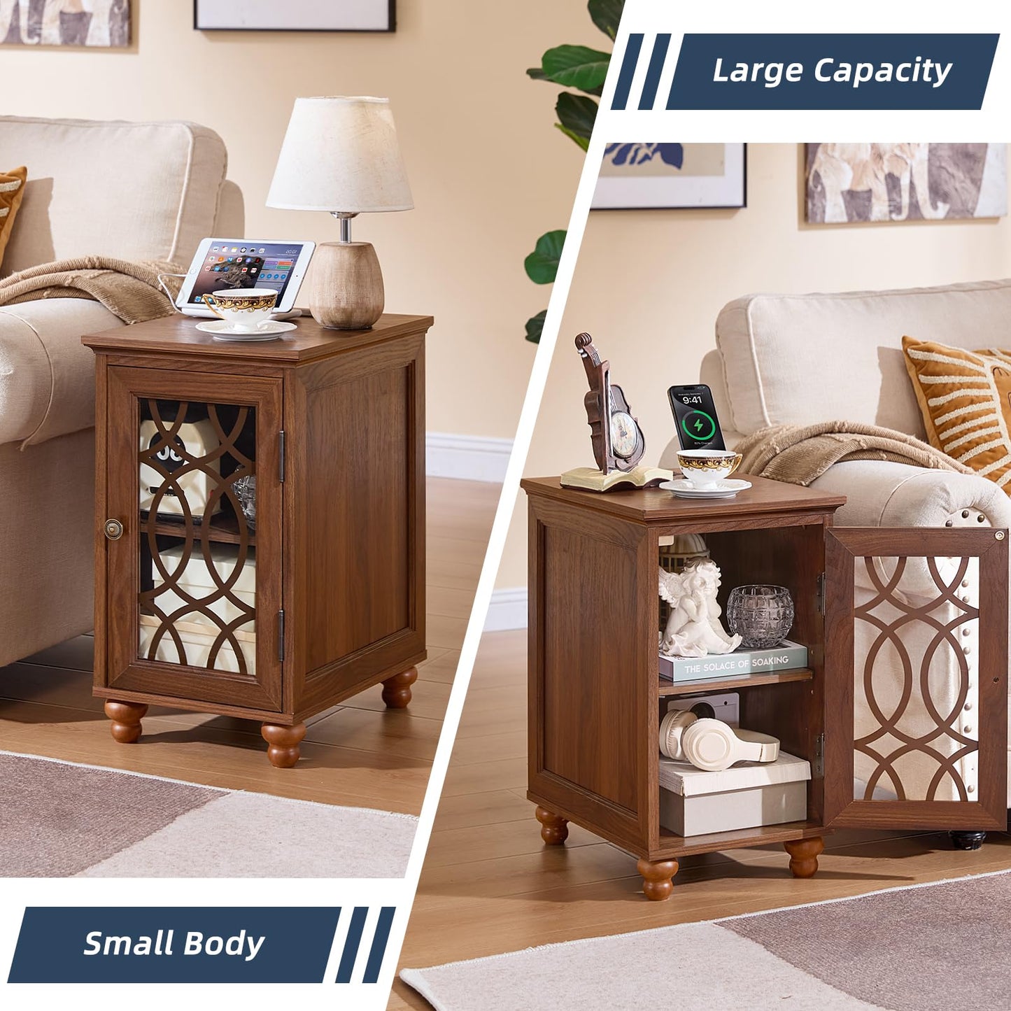 Joaxswe Narrow Side Table with Charging Station Set of 2, Night Stand with Glass Door,Bedside End Tables with Adjustable Shelf Storage Cabinet,Wood Nightstand for Small Spaces Living Room Bedroom
