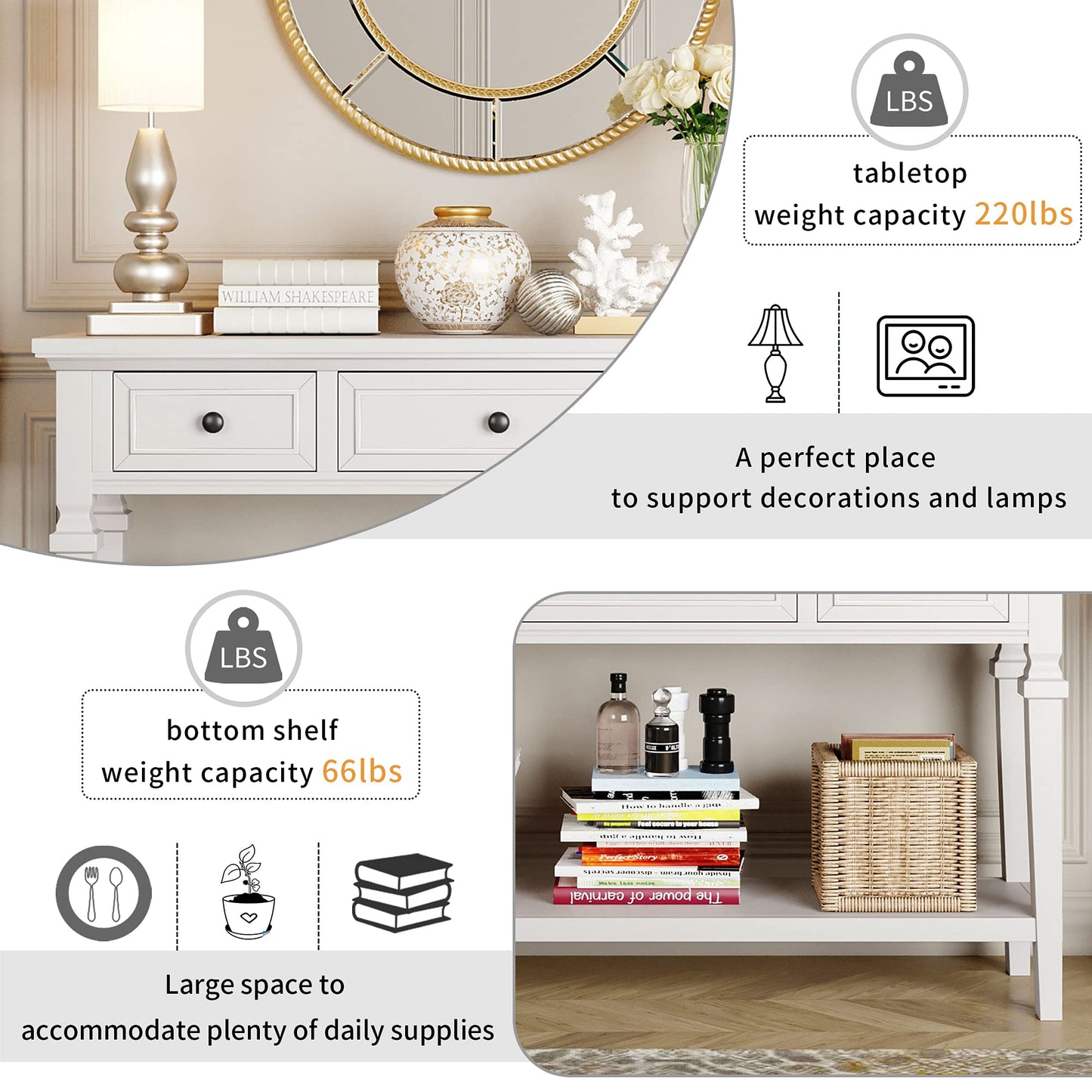 Merax Farmhouse Wood ConsoleTable for Hallways Narrow Foyer Sideboard with Drawers and Bottom Shelf for Entryway Antique White
