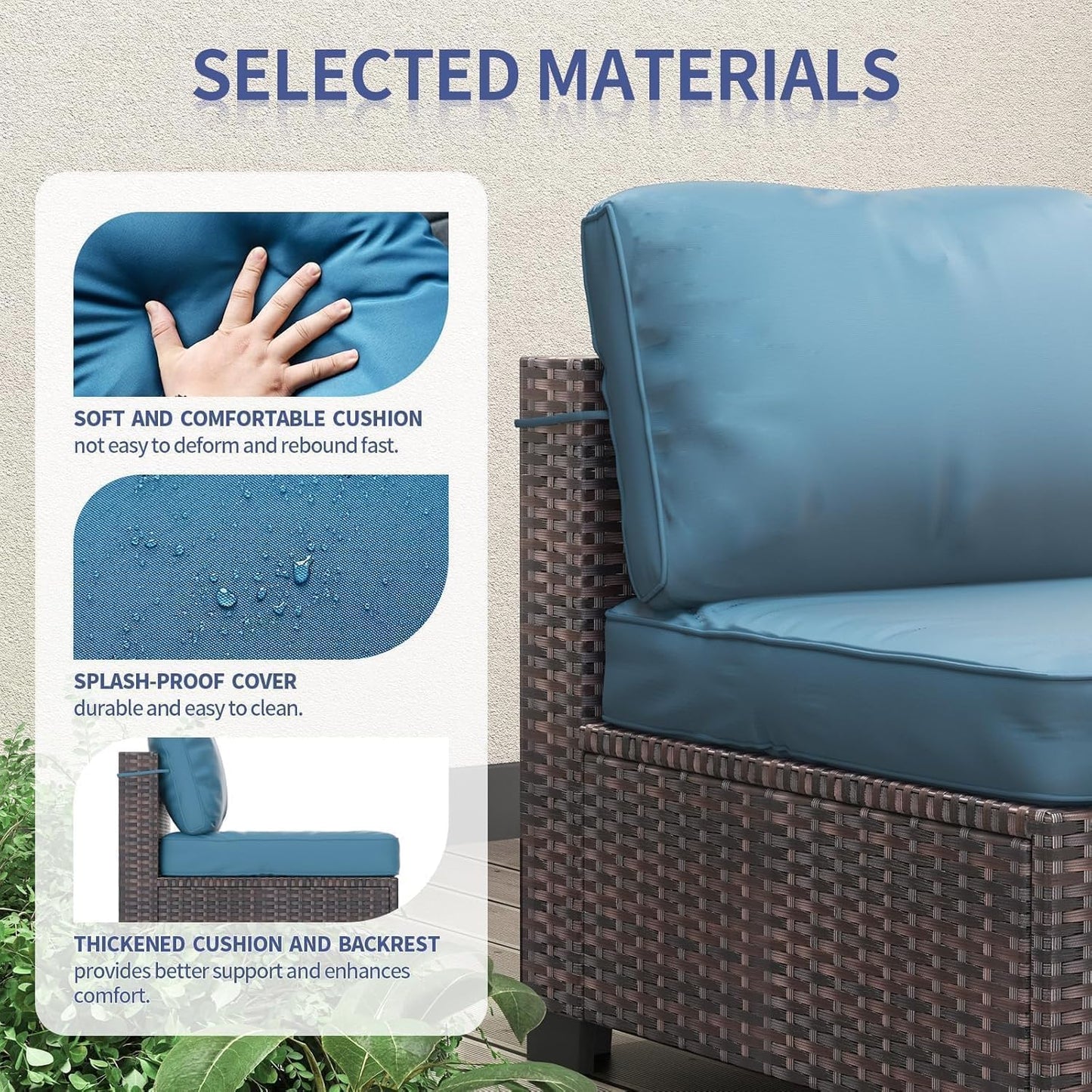 Patio Furniture Set, 7 Pieces Outdoor Sectional Sofa Set with Dining Table & Thickened Cushions, All-Weather PE Wicker Patio Furniture for Garden Lawn Deck, Dark Coffee & Peacock Blue