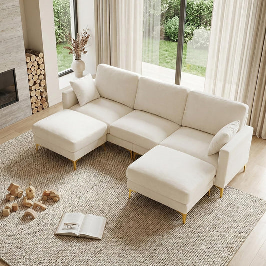 VINGLI 100" W U Shaped Couch with Ottoman, 22" Deep Seat Comfortable Sectional Couches for Living Room, 3 Seater Chenille Fabric Cloud Sofa for Apartment, Small Spaces, Bedroom, Beige