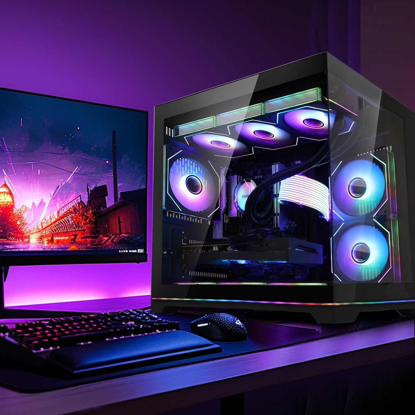 HOENGAGER Software ARGB Control Gaming PC Desktop - AMD Ryzen 7 9700X - GeForce RTX 5070 (12GB) - 32GB DDR5 6000MHz - 1TB PCIe NVMe SSD - Black Panoramic Glass Case, RGB Fans, Wi-Fi, Win 11