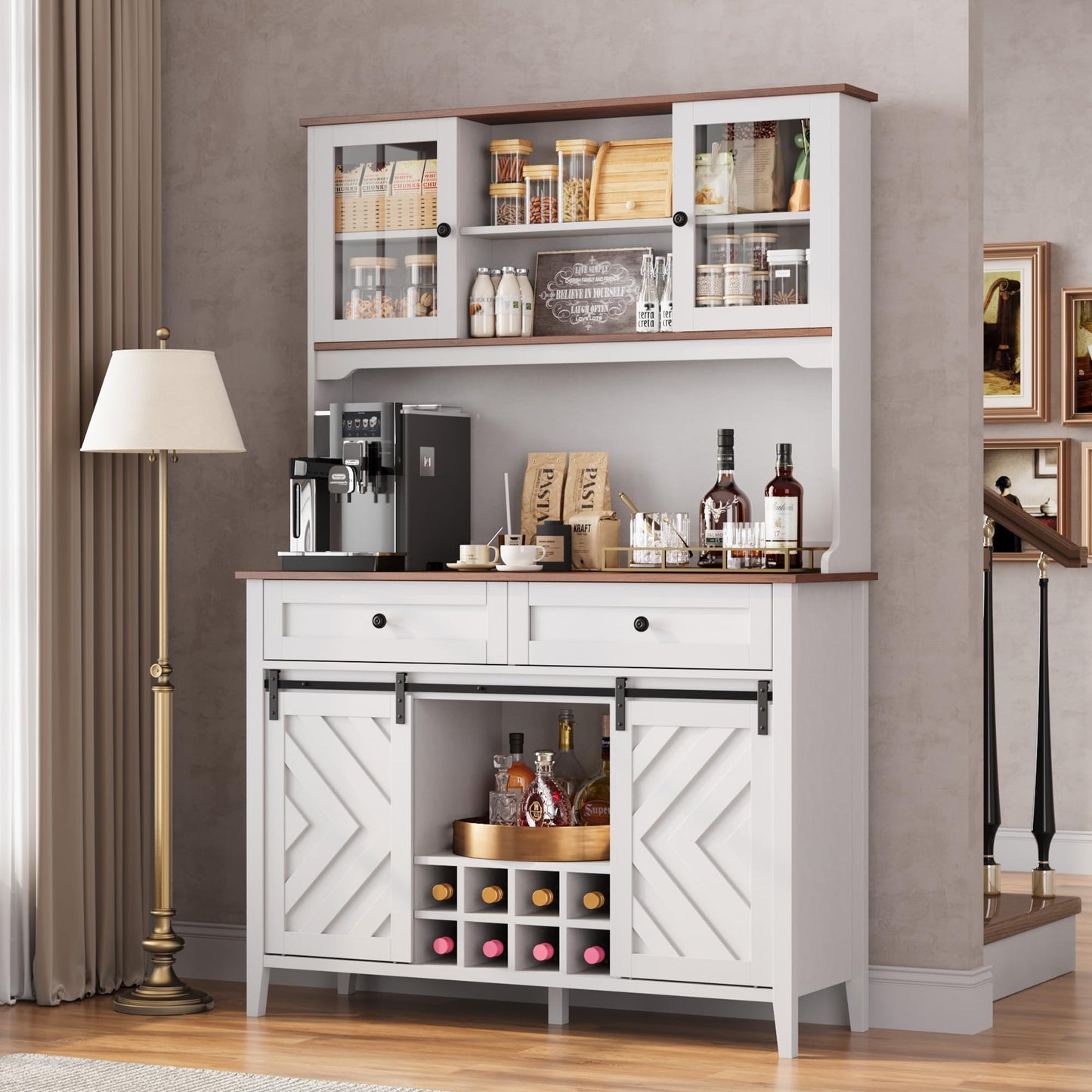 Garvee 72" Farmhosue Bar Cabinet with Sliding Barn Door, Large Kitchen Buffet with Hutch Wine with Charging Station, 2 Drawers, 8 Storage Shelves, LED Rustic Coffee Bar for Dining (White)