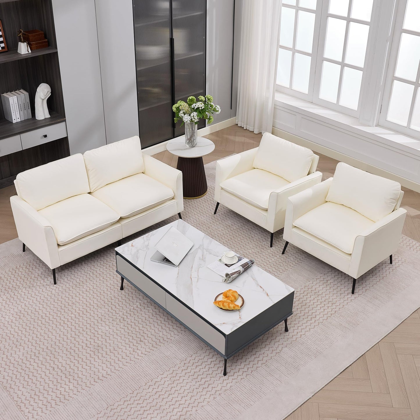KEIKI Faux Leather Sofa Couch, Living Room Furniture Sectional Sofa Sets of 3 Pcs, Mid Century Modern Decor Sofa Couches, Loveseat & Accent Chair for Small Space, Apartment, Office, Cream White