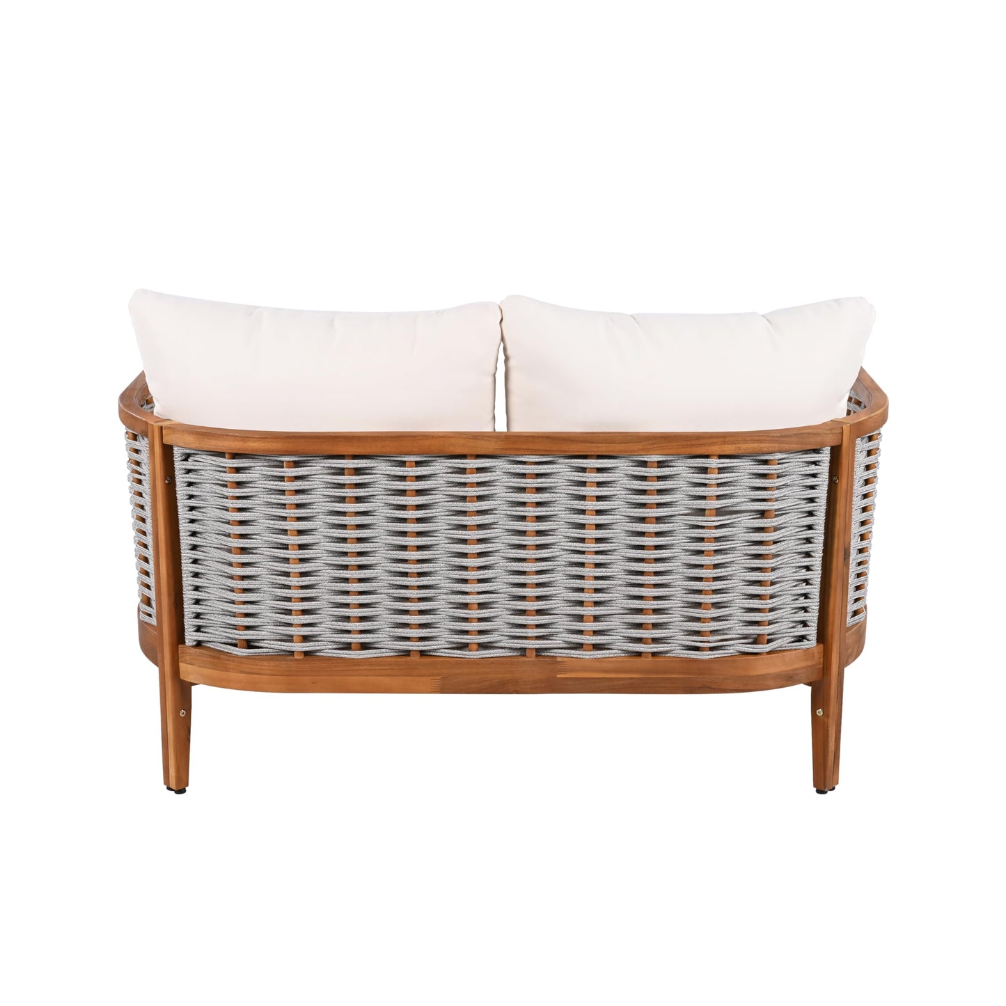 Merax 2 Pieces Acacia Wood Patio Furniture Set, Outdoor Woven Rope Conversation Sets with Deep Seating Soft Cushions Loveseat and Round Coffee Table for Backyard, Porch, Balcony, Garden, Teak & Beige