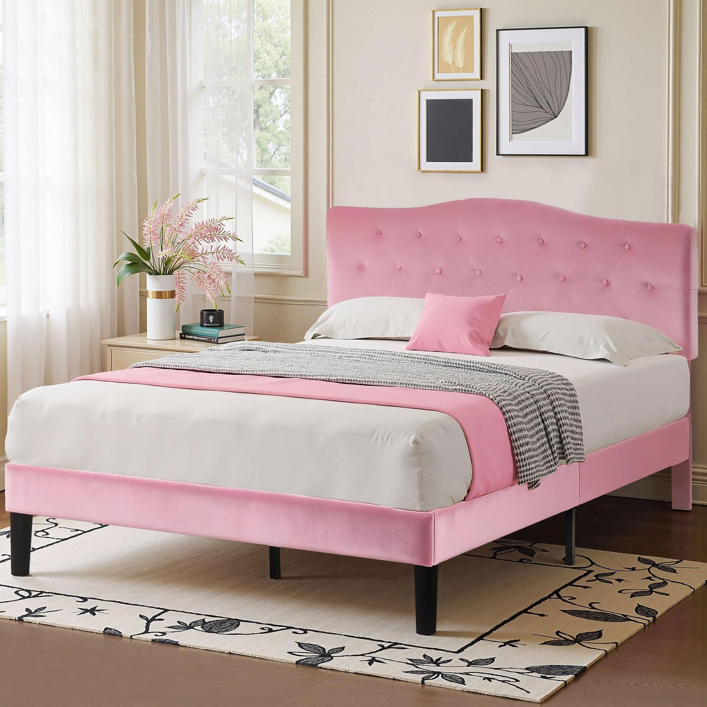 VECELO Queen Size Bed Frame with Upholstered Headboard, Velvet Platform Bedframe Mattress Foundation, Sturdy Wooden Slats Support,No Box Spring Needed Noise Free/Easy Assembly,Pink