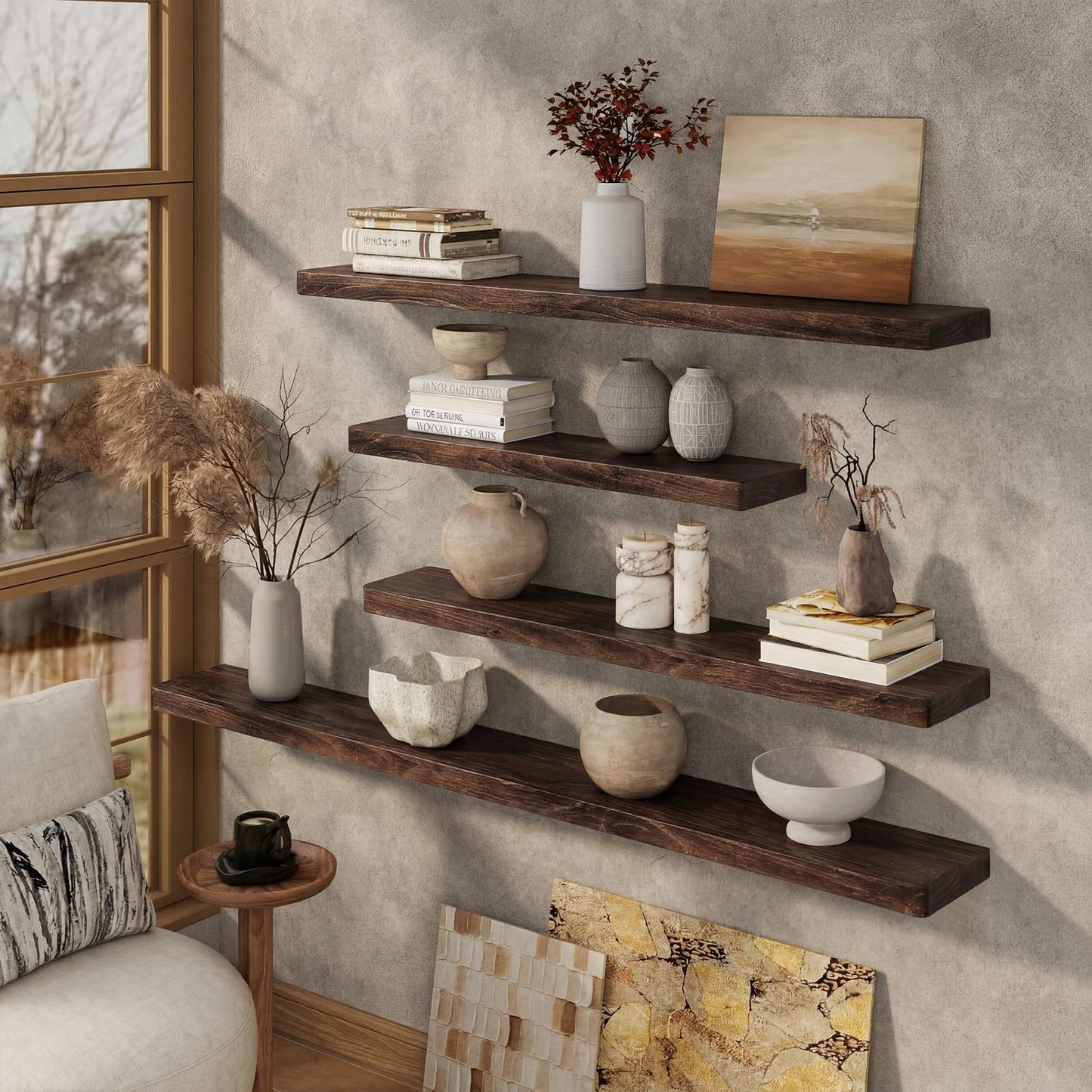 Marsmiles 72 inch Floating Shelves for Wall Solid Elm Wood Wall Mounted Shelves|Rustic Long Floating Shelves with Invisible Bracket for Bathroom Kitchen|Rounded Edge|Walnut, 1 Pack