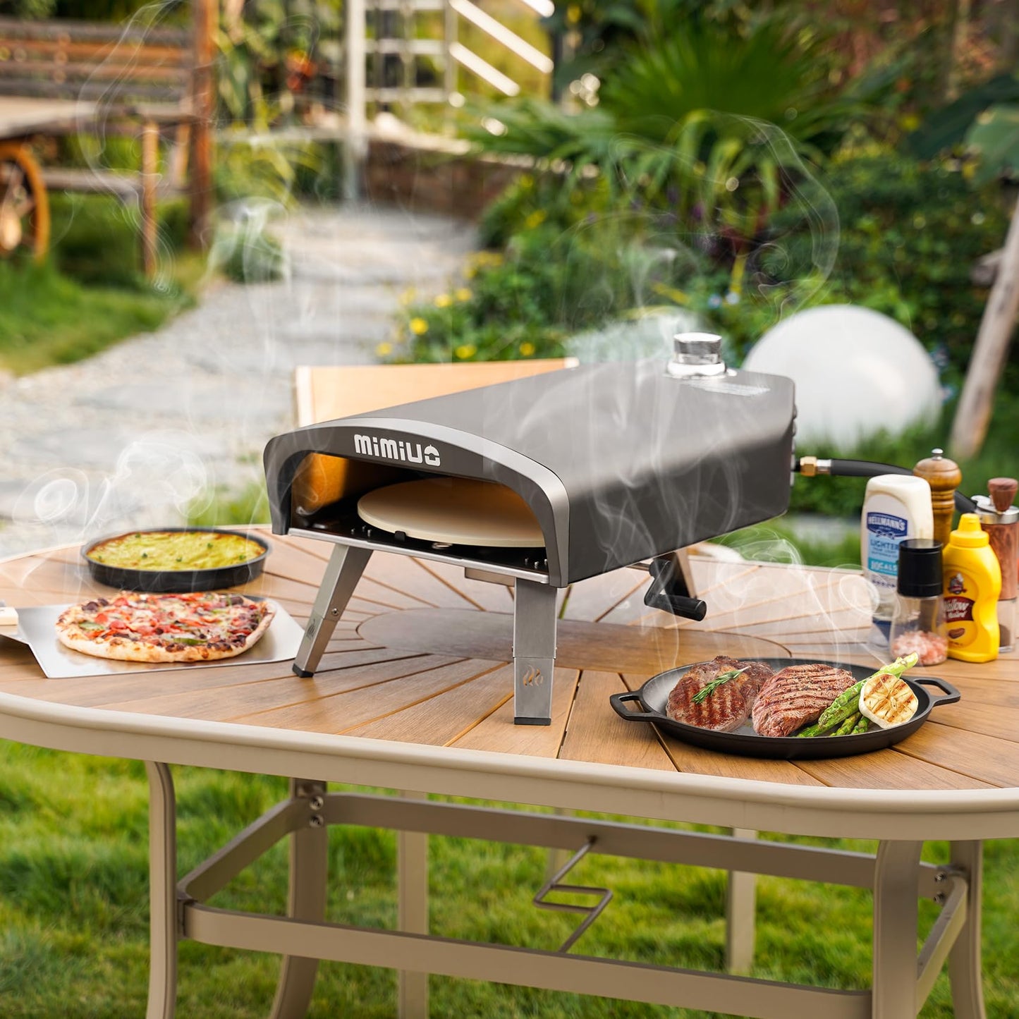 Mimiuo Manual Rotating Pizza Oven Outdoor Gas Propane, Mimiuo Portable 13-Inch Pizza Griller with Rotating Stone, Even Heating No Burning, Includes Oven Cover, Pizza Peel, Cordierite Stone