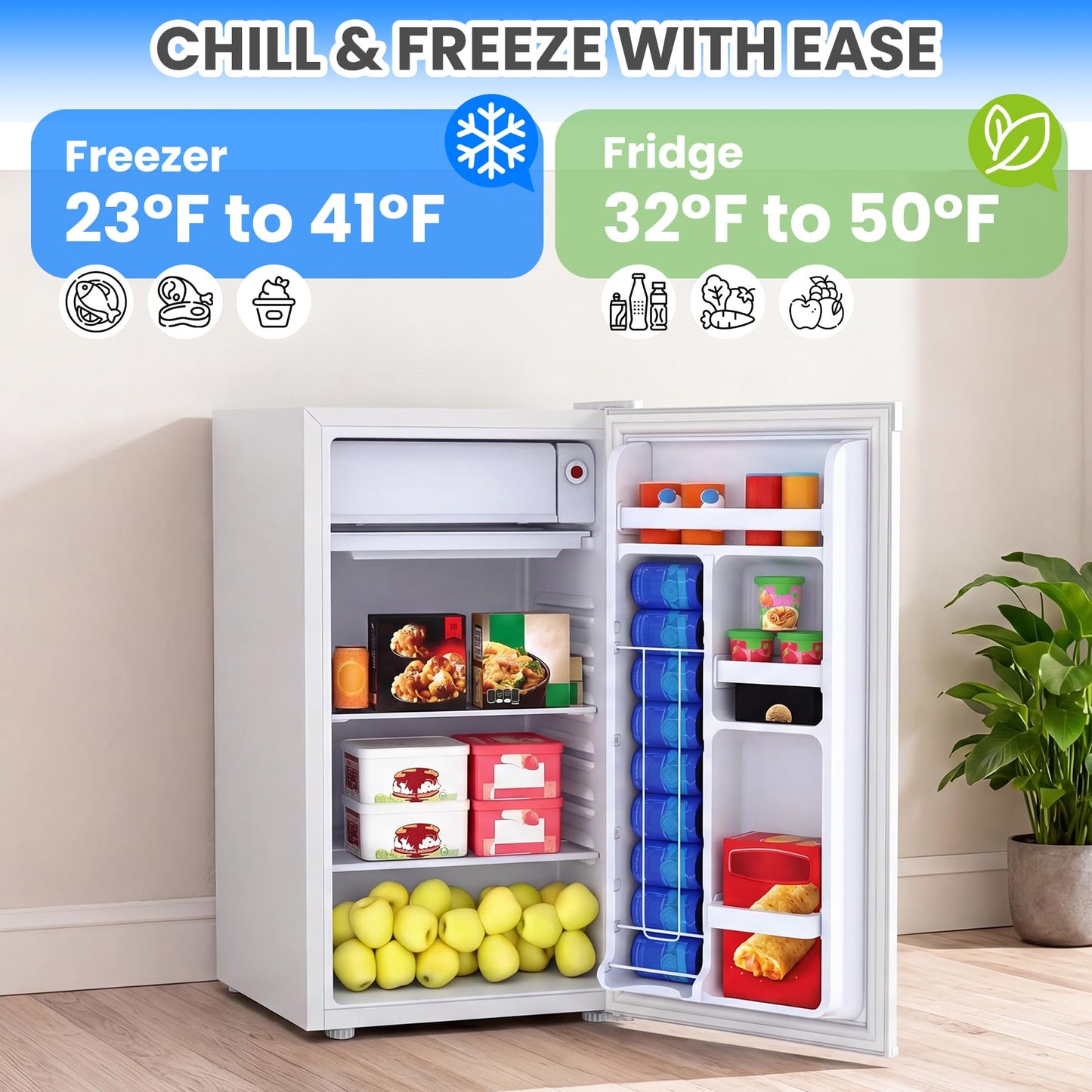 Garvee Compact Mini Fridge with Freezer, 4.5 Cu.Ft - Dual Zone Temperature Control, Single Door, 7 Adjustable Settings, Removable Shelves, Quiet & Energy Efficient - Ideal for Bedroom, Office, Dorm