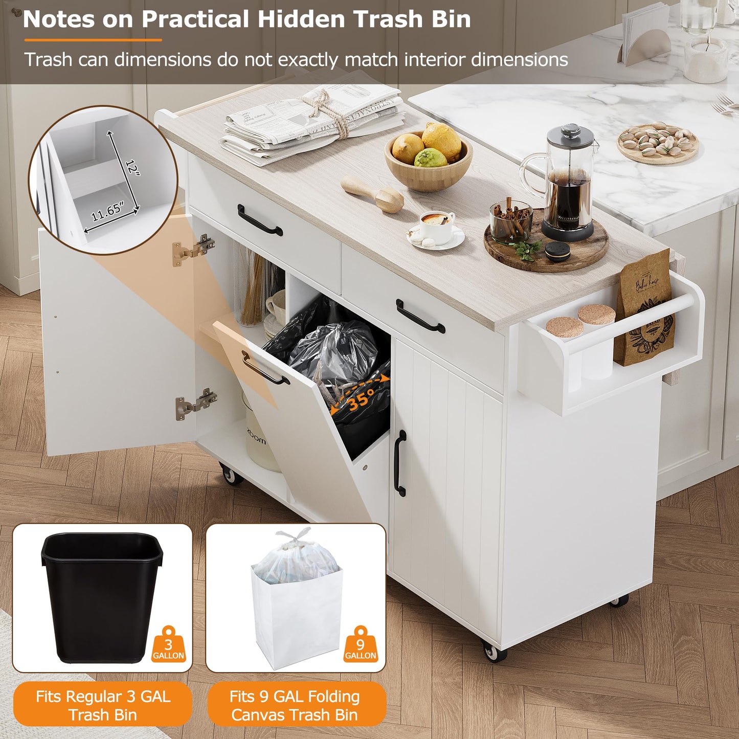 Ball & Cast Kitchen Island with Trash Can Storage Cabinet,Kitchen Cart W/Drop Leaf,Spice Rack,Towel Rack and Drawers,Rolling Kitchen Islands on Wheels W/Adjustable Shelf for Dining Room,White Oak