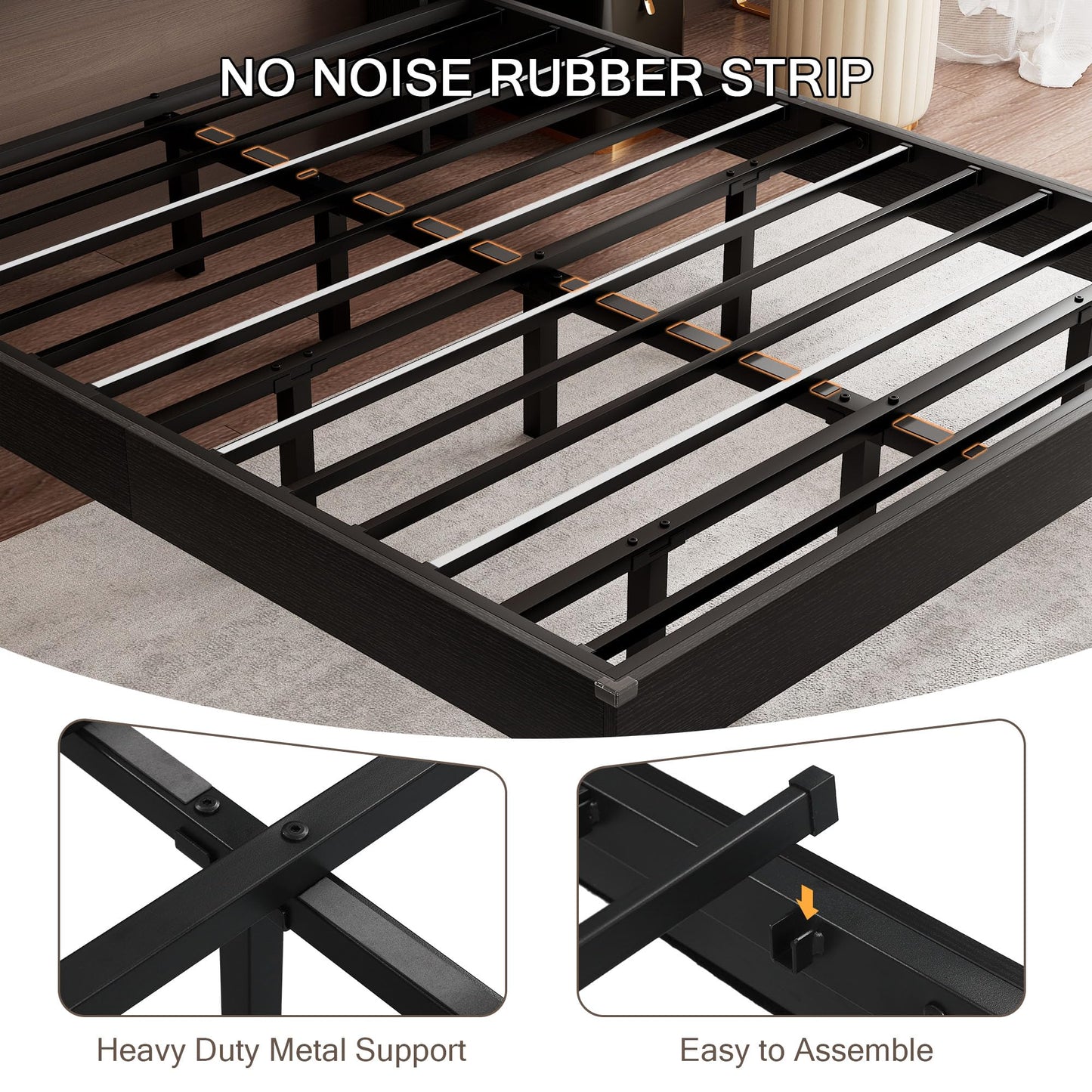 Einhomn Bed Frame Queen Size with LED Lights & Charging Station – Kids Wood Floating Queen Bed Frame with Storage Headboard, Adhesive Slats, Kick-Free & Noise-Free Design, Easy Assembly, Black
