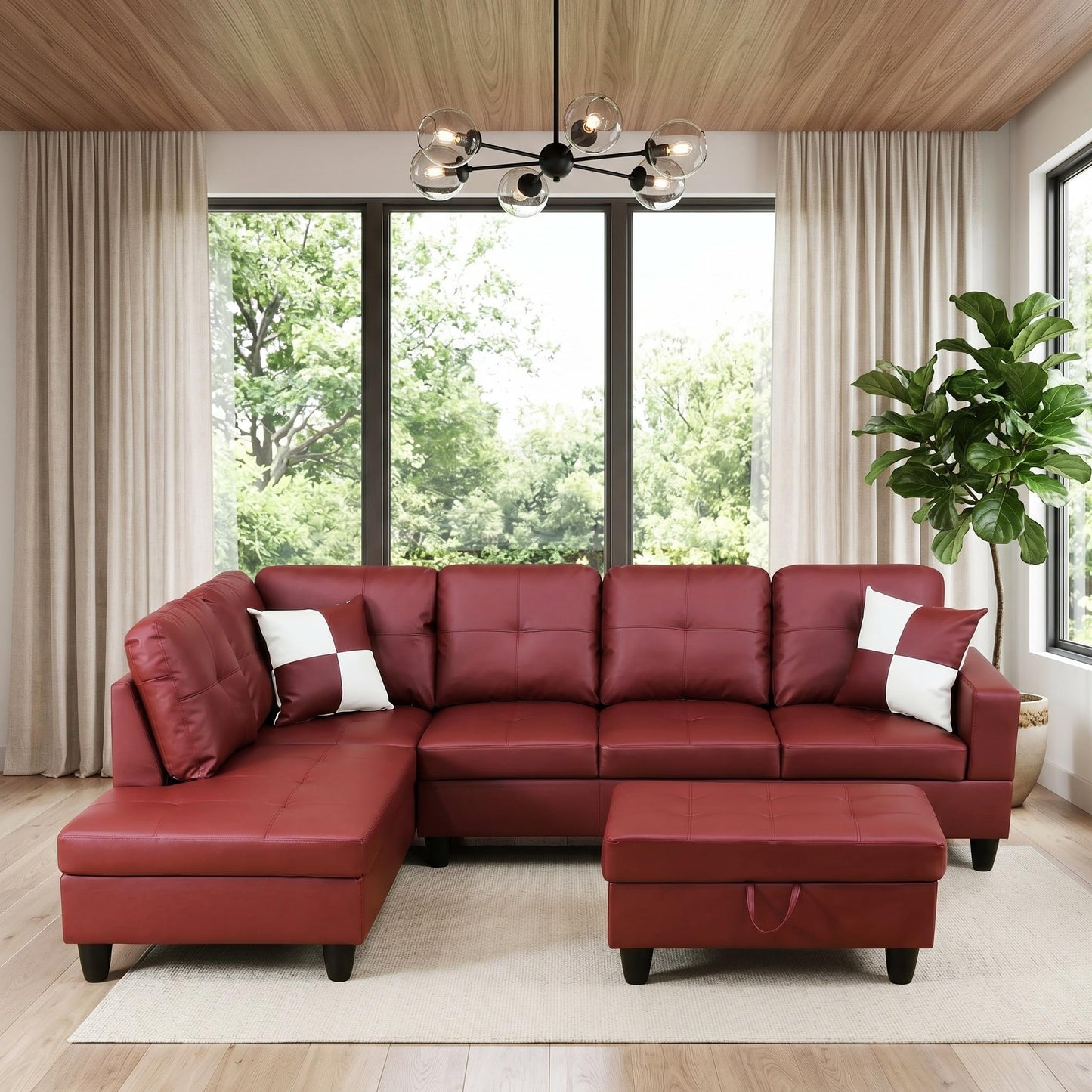 Topcomfy Leather L Shaped Sectional Couches for Living Room - 97.5“ x 66.5" Modular Sectional Sofa with Storage Ottoman, 4 Seat Home Sofa Living Room Furniture Sets with Chaise for Apartment, Brown