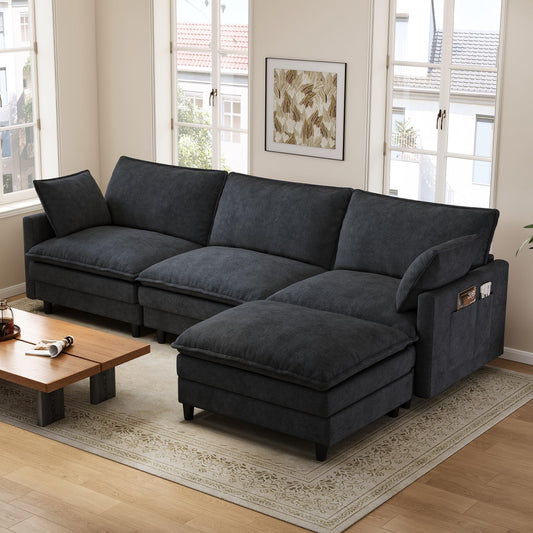 FAVSH 102'' L-Shaped Modular Sectional Sofa, 3-Seater Cloud Couch with Movable Ottoman, Deep Seat Chenille Upholstery, USB & Type-C Charging, Foldable Side Table for Living Room Apartment, Dark Gray