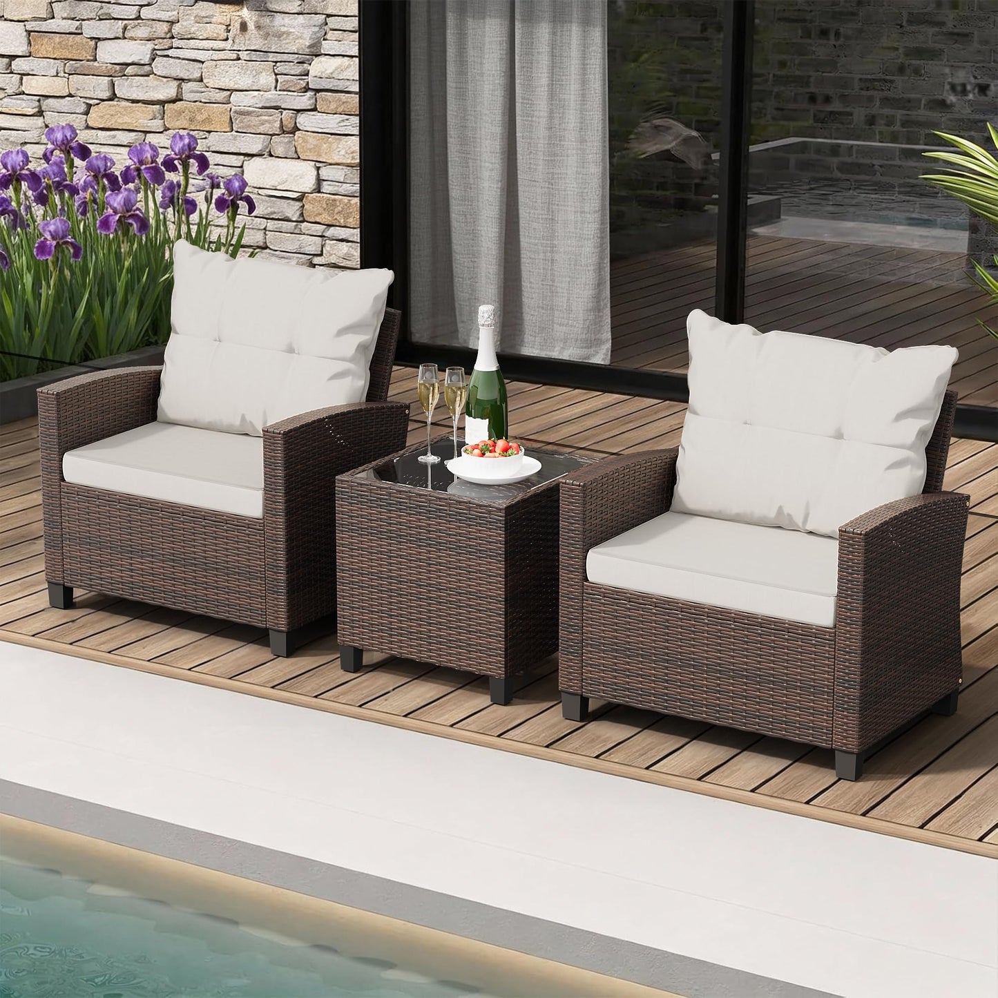 Shintenchi 3 Pieces Patio Furniture Set, PE Rattan Wicker 3 Pcs Patio Set, Outdoor Furniture Set with Two Outdoor Chairs and Table, Conversation Set for Garden, Poolside, Balcony, and Porch(Beige)