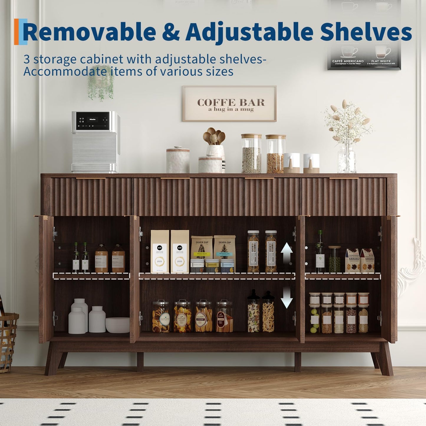 GarveeHome 60" Large Farmhouse Sideboard Buffet Cabinet with Storage Drawers & Adjustable Shelves, Wood Fluted Buffet Storage Cabinet & Coffee Bar Console Table for Living Room & Kitchen Dining Room