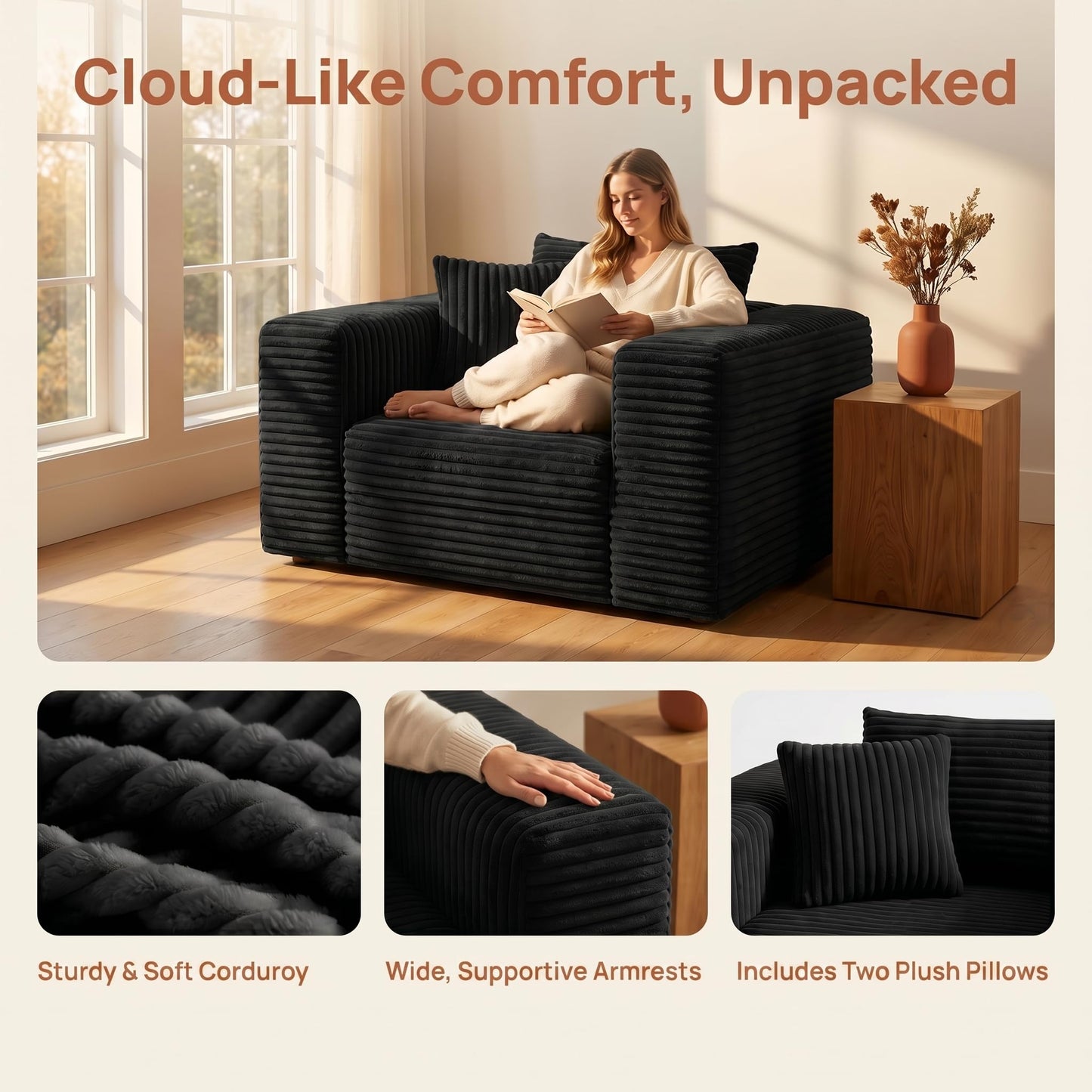 Trygoal Boneless Single Sofa Chair for Adult, Corduroy Cloud Lounge Chair with 2 Pillows & Wide Armrests, High-Density Foam Reading Couches for Living Room & Office, No Assembly Required, Black