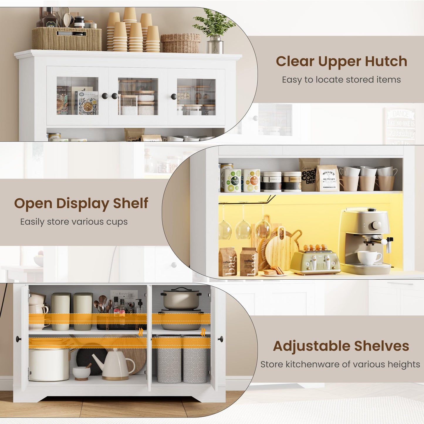 68.7 " Pantry Cabinet with LED Light and Charging Station, Kitchen Pantry Storage Cabinet with Countertop, Large Kitchen Hutch with Wine Rack & Adjustable Shelves for Dining Room, Living Room