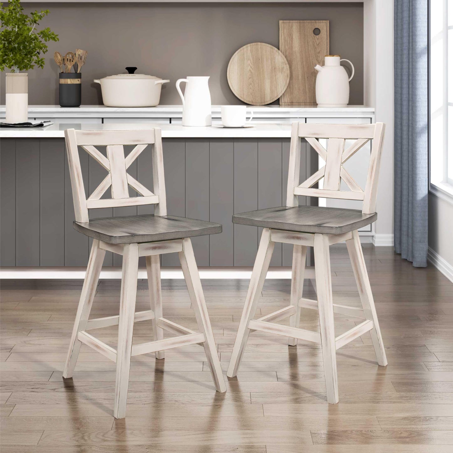 Lexicon Counter Height Stools Set of 2-Solid Wood Frame 360° Swivel Wooden Stools, Foot Rest, X Back, Wide Seat, Distressed Farmhouse Easy to Clean Finish, 24" SH, Antique White/Grey