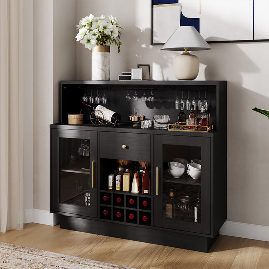 Rustic Modern Home Bar Cabinet with LED Lights & Glass Doors - Coffee & Wine Bar Station with Storage Shelves, Lockable Door, Spacious Countertop for Kitchen, Dining Room, Game Room Furniture