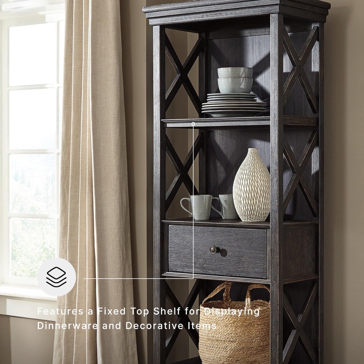Signature Design by Ashley Tyler Creek Casual Farmhouse 75" Display Cabinet or Bookcase with Drawers and Shelf, Open Lattice Sides, Wood, Gray Black Finish