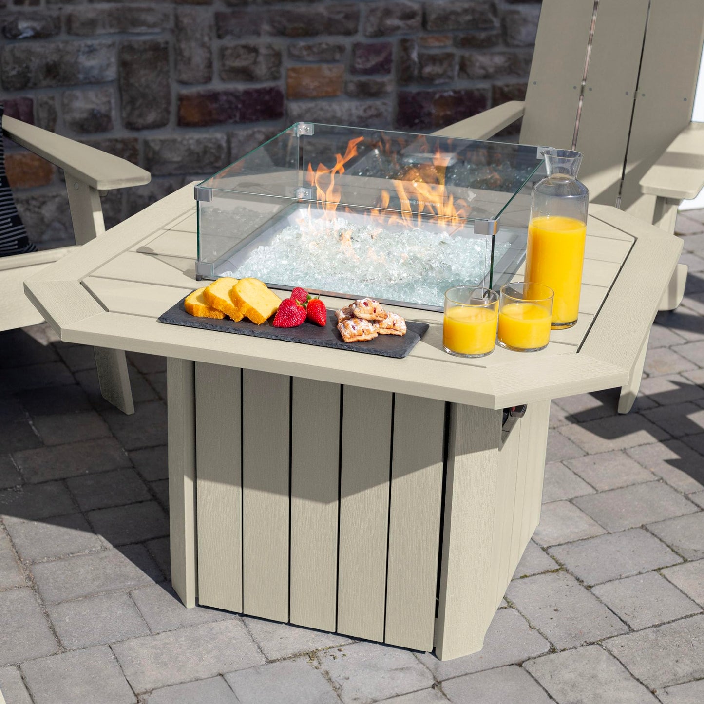 Oasis 5-Piece Conversation Set with Fire Pit Table, 4 Italica Modern Adirondack Chairs and 40” Fire Pit Table with Glass Wind Guard and Rain Cover, Whitewash