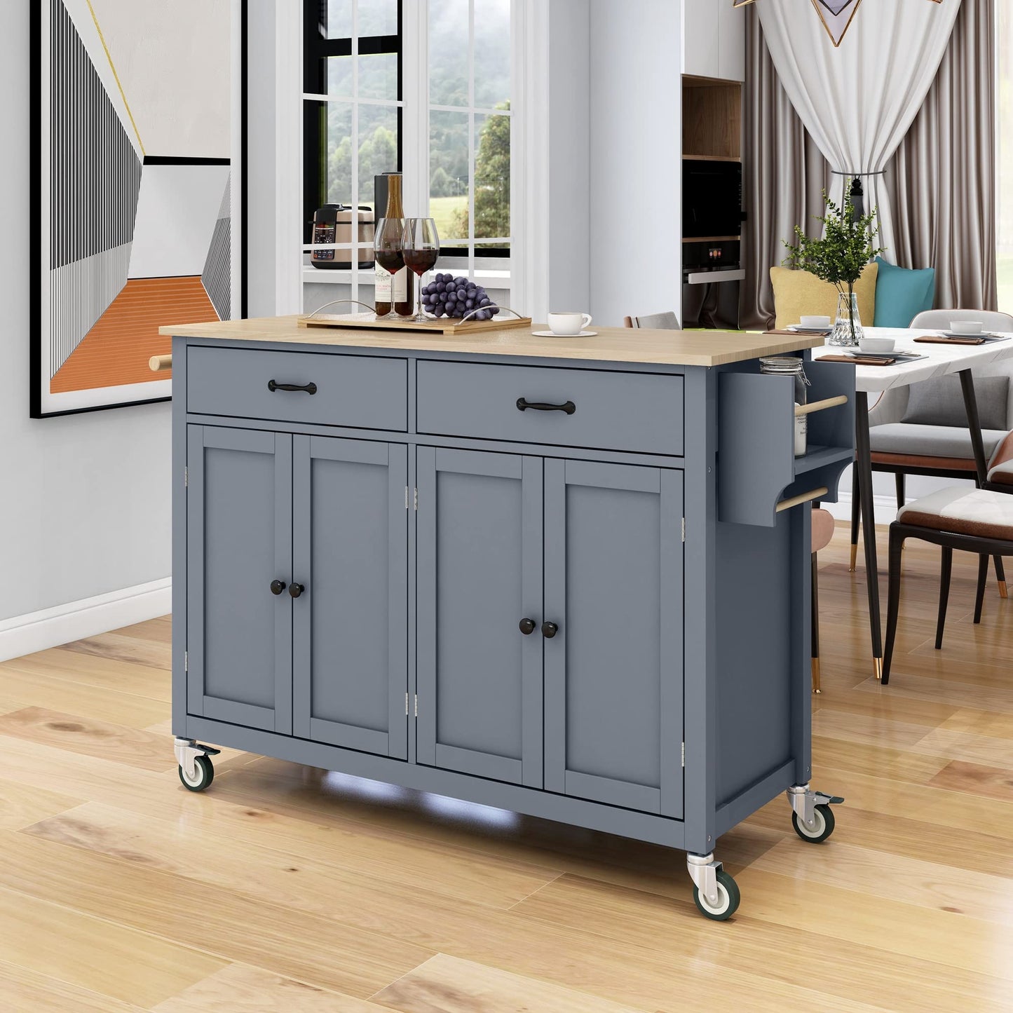 Favfurish Kitchen Island with Solid Wood Top and Locking Wheels,54.3 Inch Width Kitchen Cart W/ 4 Door Cabinet / 2 Drawers/Spice Rack/Towel Rack,for Dining Room,Home Bar,Gray