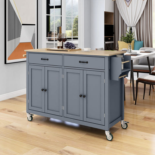 Favfurish Kitchen Island with Solid Wood Top and Locking Wheels,54.3 Inch Width Kitchen Cart W/ 4 Door Cabinet / 2 Drawers/Spice Rack/Towel Rack,for Dining Room,Home Bar,Gray