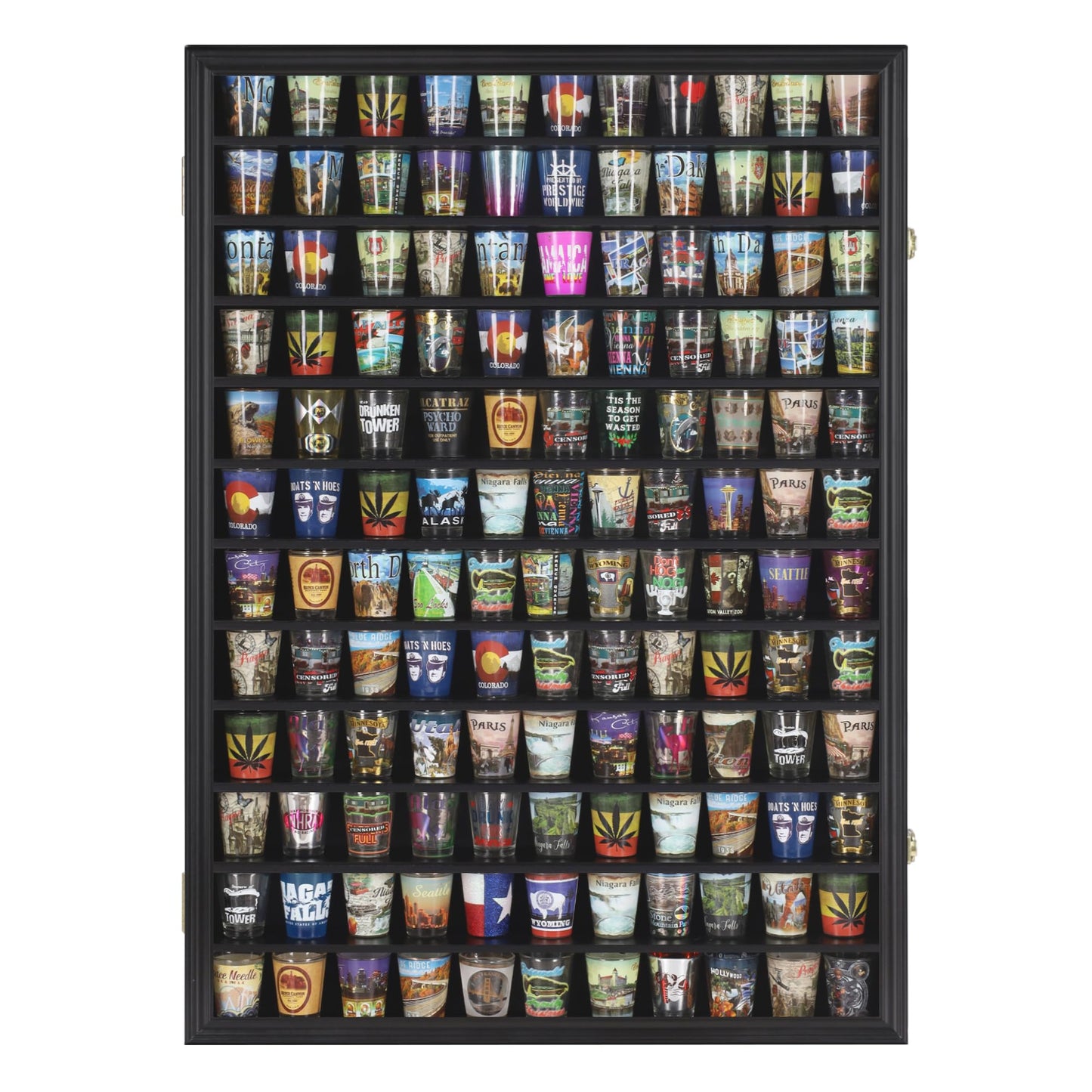 Large 144 Shot Glass Display Case Rack Solid Wood Cabinet Holder Wall Curio Cabinet Shadow Box for Action Figures Small Figurines - Lockable with UV Protection Door - Black Finish