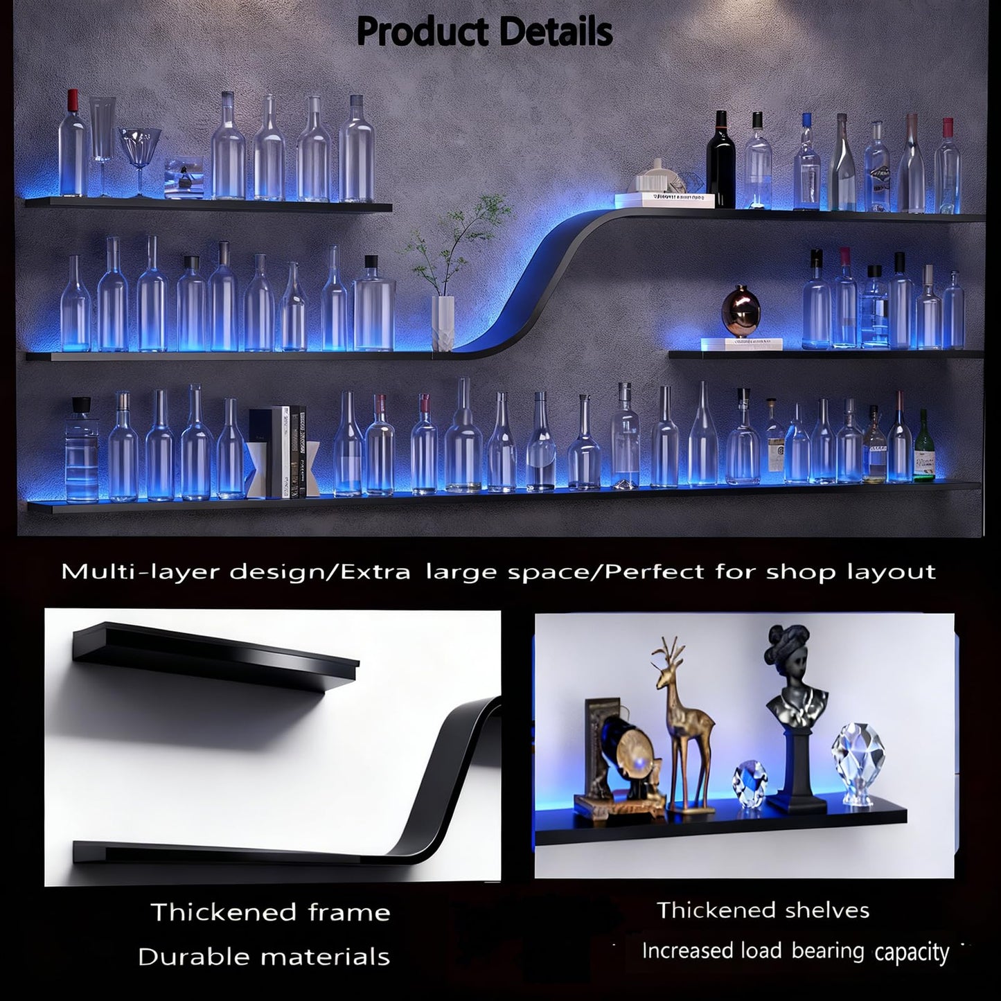 VITNSVILE 59IN Modern Wall Mounted Wine Rack with Blue LED Light