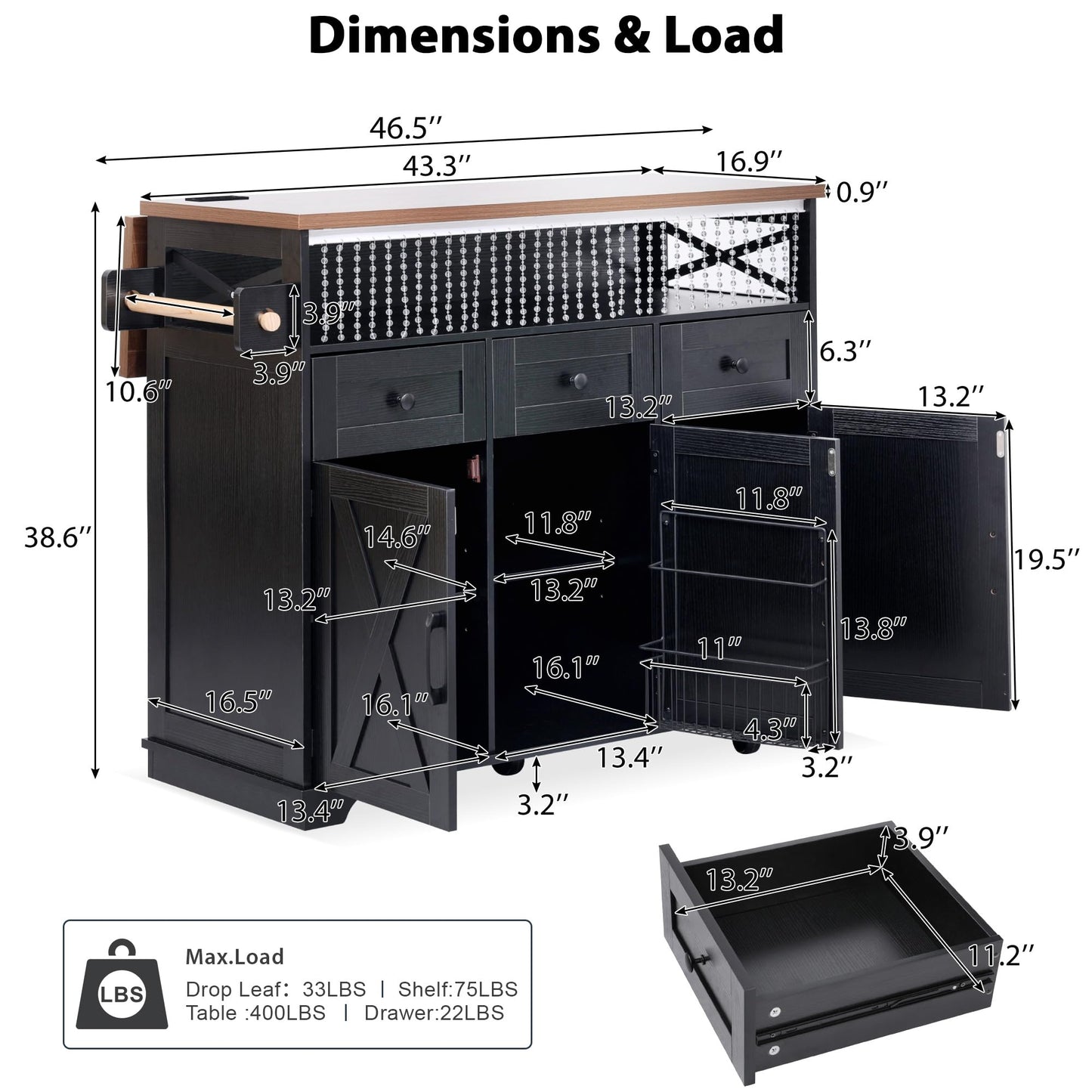 Merax Farmhouse Rolling Kitchen Island on Wheels with Drop Leaf & Power Outlet, Wood Kitchen Cart on Wheels with Drape of Beads, 3 Drawers & Adjustable Iron Shelves, 46.5'' Wide, Black
