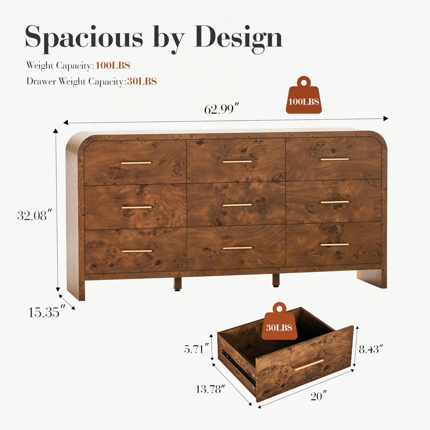 EliteSet Curved 9-Drawer Dresser for Bedroom, 63" Wide Modern Chest of Drawers, Vanity Desk TV Stand for Living Room, Closet Storage Drawers Organizer Furniture, Nursery, Hallway, Dark Burl
