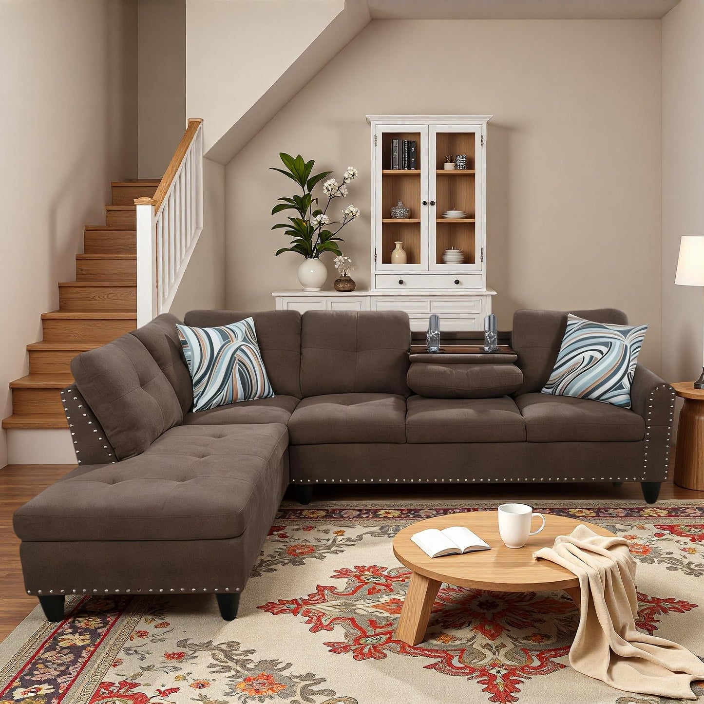 Trygoal L-Shaped Sectional Sofa, Modern 4-Seat Couch with Built-in Cup Holders, Upholstered Fabric Sectional Couch with Left Facing Chaise for Living Room, Apartment, Office, Brown