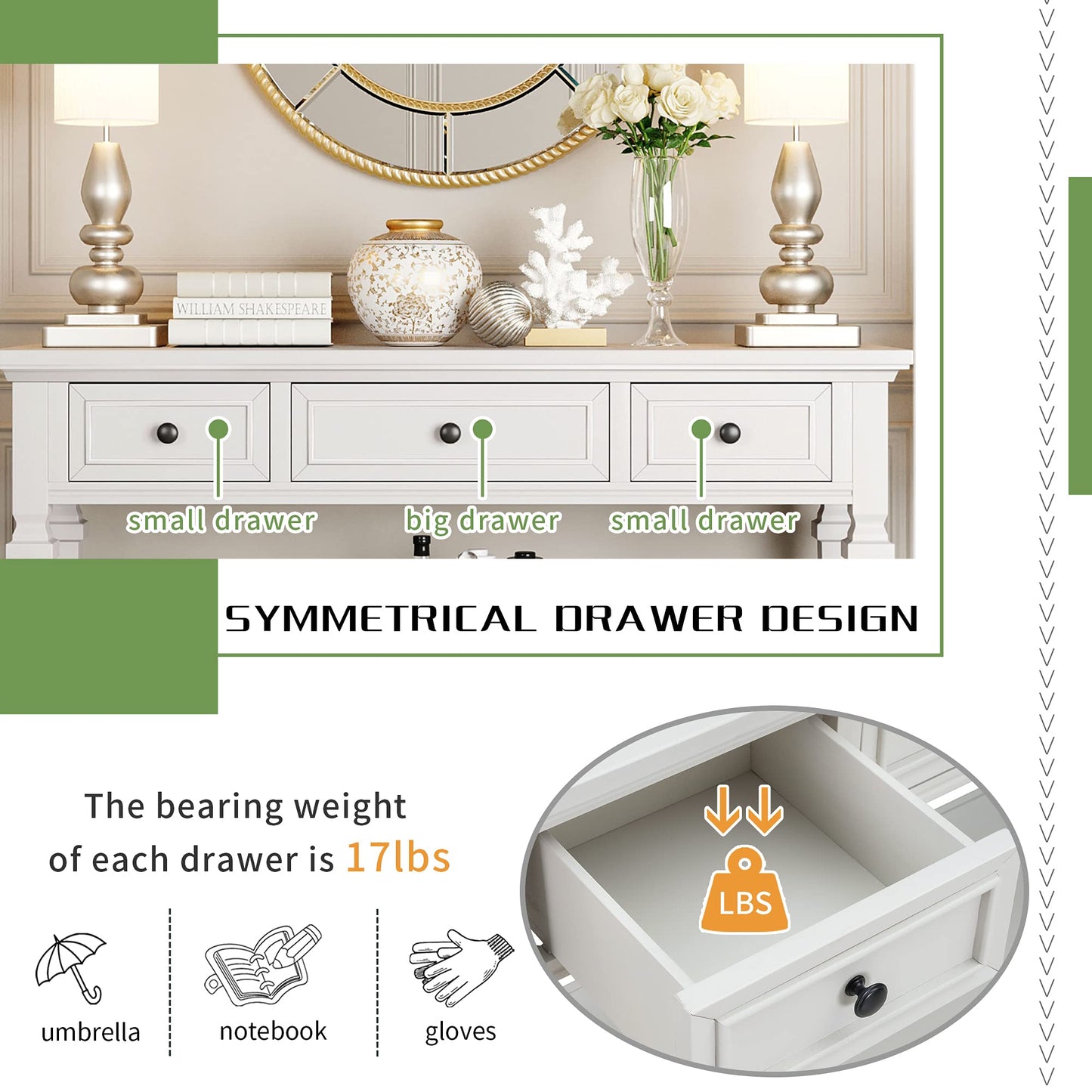 Merax Farmhouse Wood ConsoleTable for Hallways Narrow Foyer Sideboard with Drawers and Bottom Shelf for Entryway Antique White