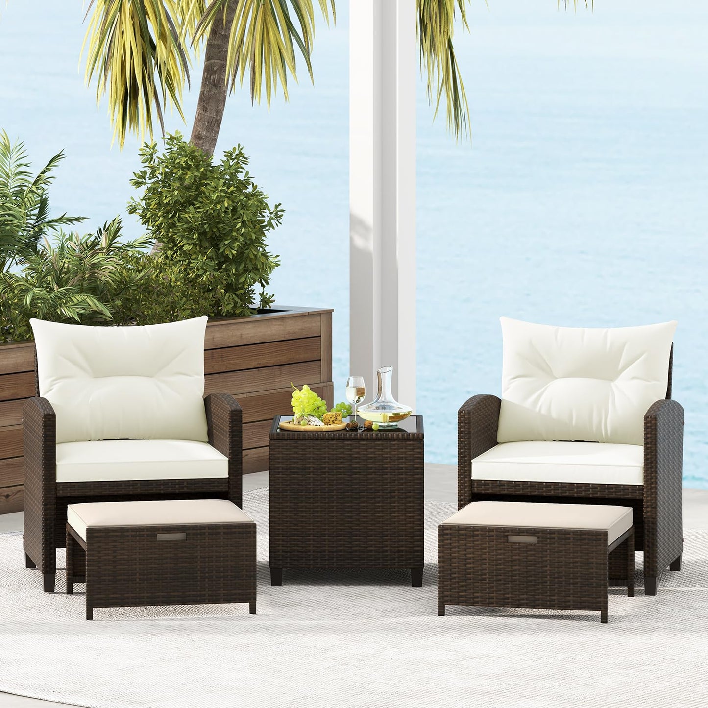 Tangkula 5 Pieces Patio Conversation Set, PE Wicker Outdoor Furniture Set with 2 Chairs, 2 Ottomans & Tempered Glass Coffee Table, Ideal for Poolside, Backyard, Lawn, Deck, Mix Brown & Off White