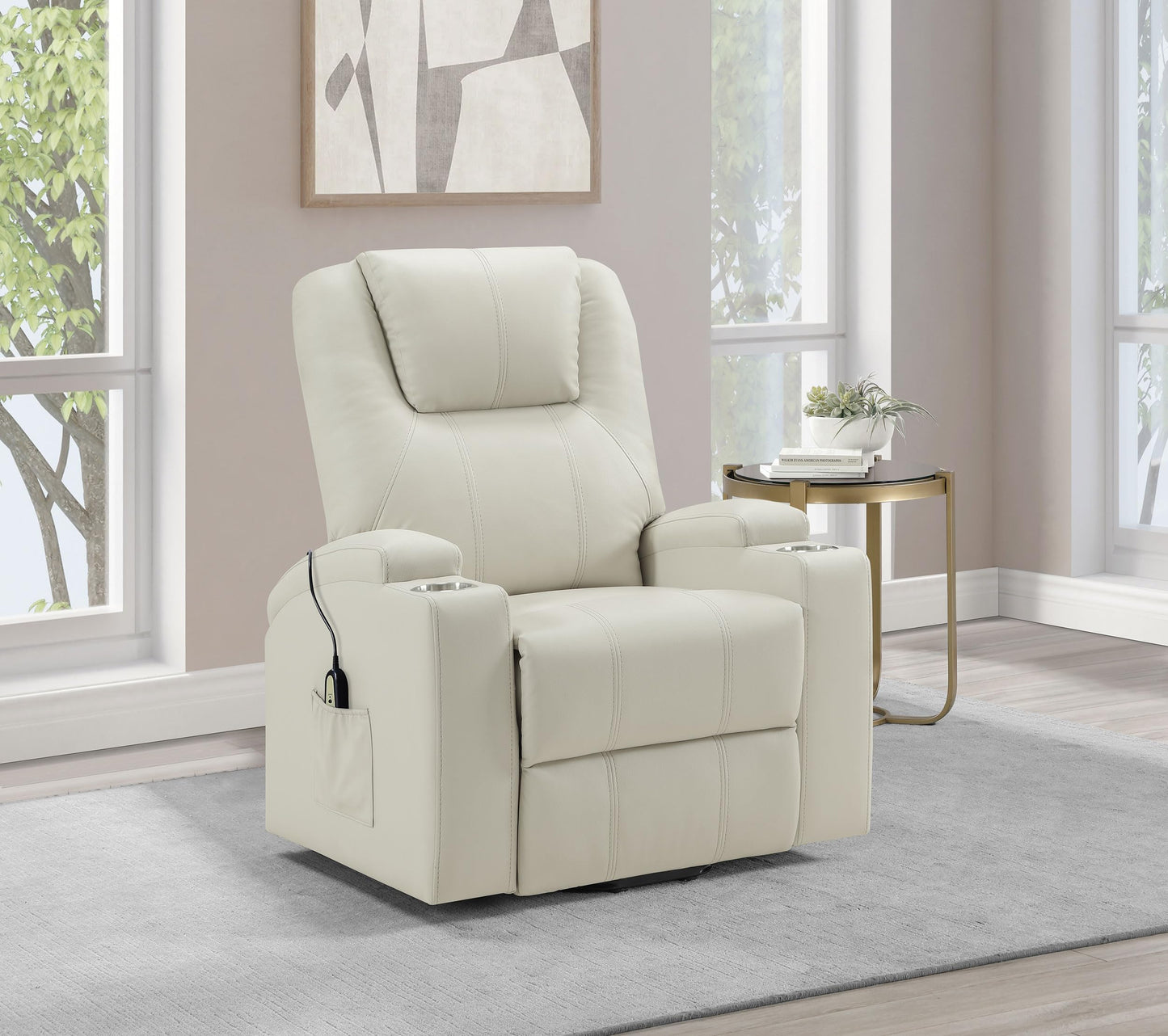 Coaster Home Furnishings - Armstrong - Wood - Power Lift Massage Recliner with Channel Tufting, Wired Remote, Cup Holders and Side Storage Pockets - Living Room - Ivory - 609477P