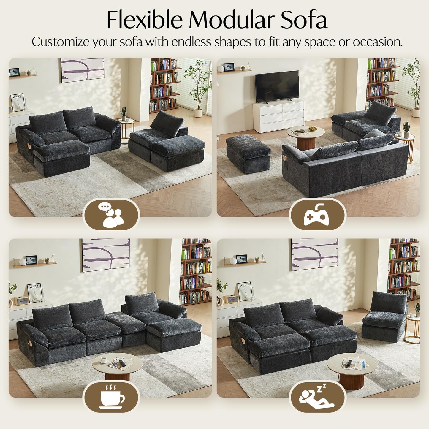 Vamcheer U Shaped Cloud Couch - Utra Soft Modular Sectional Sofa with 2 Movable Ottoman, Deep Seat Boneless Couches for Living Room, Bedroom, Office, No Assembly Required, Grey