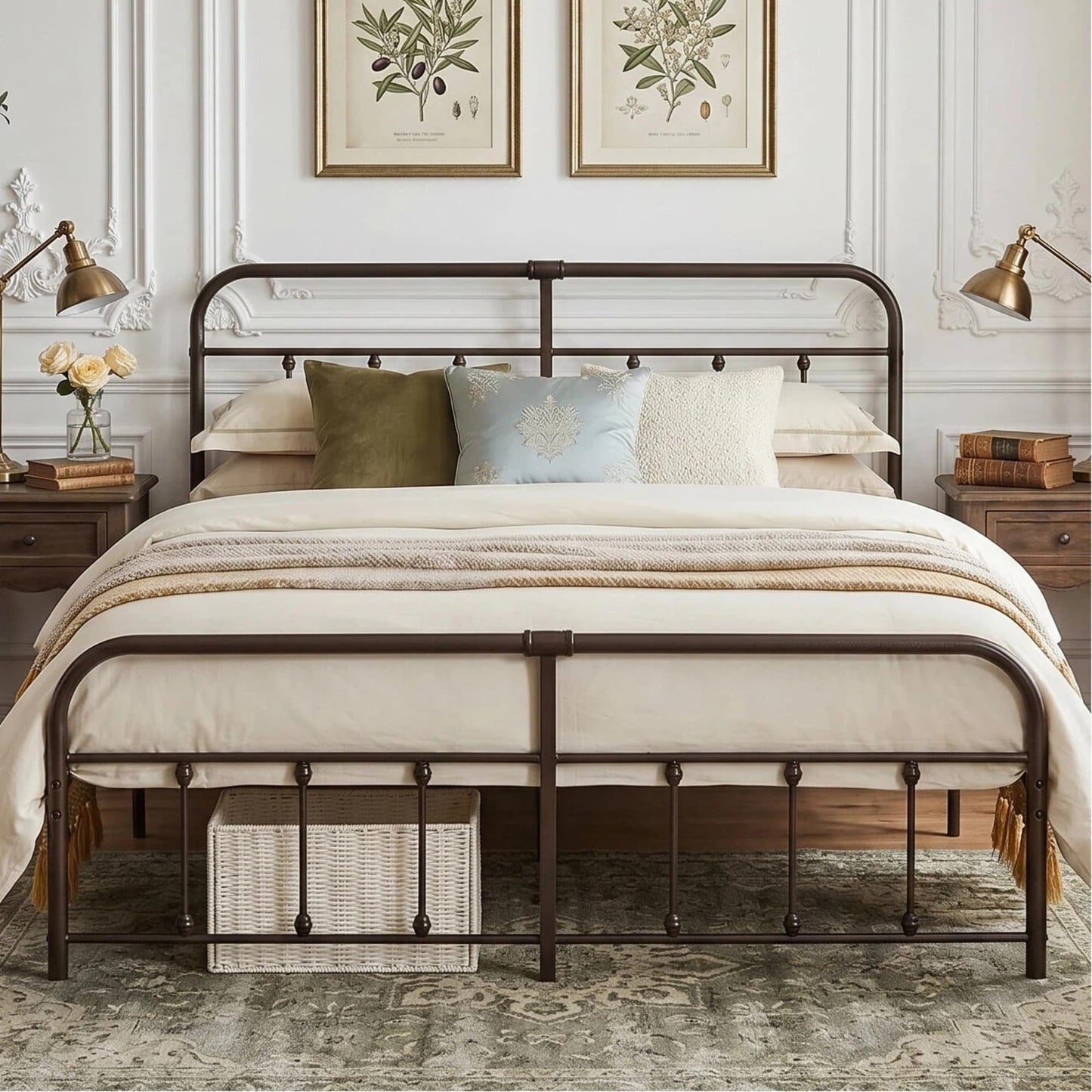 VECELO King Size Victorian Style Metal Bed Frame with Headboard Classic Metal Platform Bed Frame Mattress Foundation with Footboard/Under Bed Storage/No Box Spring Aple
