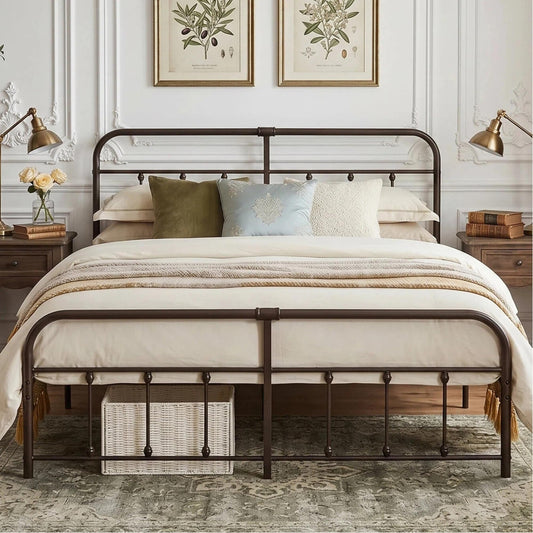 VECELO King Size Victorian Style Metal Bed Frame with Headboard Classic Metal Platform Bed Frame Mattress Foundation with Footboard/Under Bed Storage/No Box Spring Aple