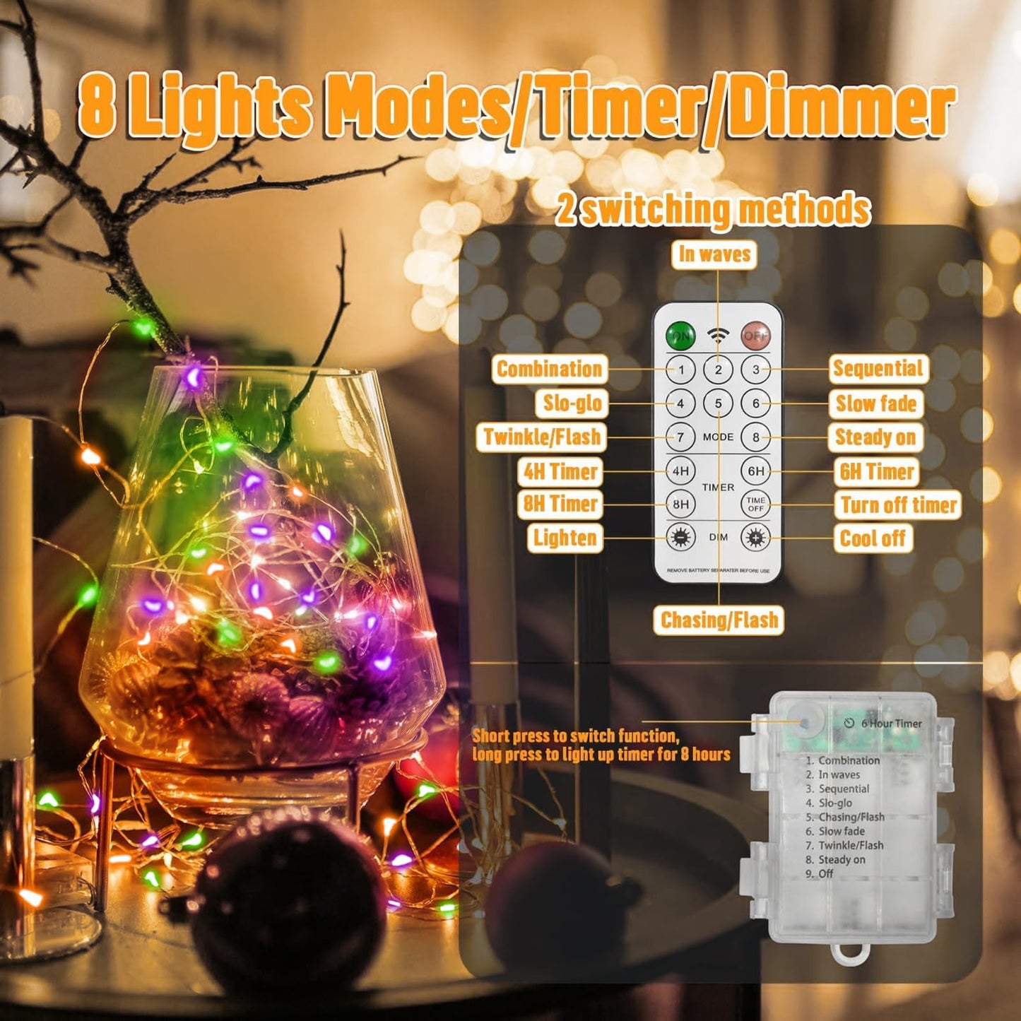 LAMPHOME 100 LED Fairy Lights Battery Operated Remote, 33FT, Plastic, Orange Purple Green, Model 0202002