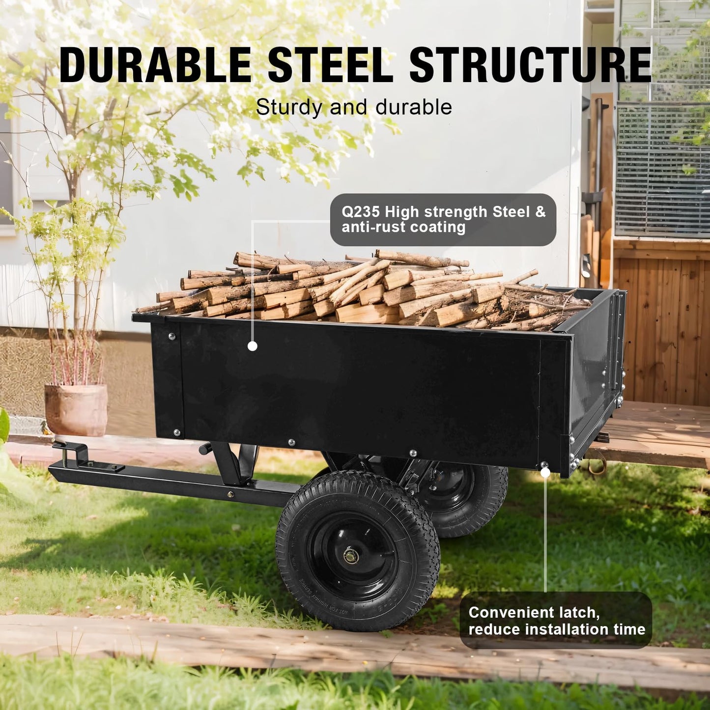 Big RED Heavy Duty ATV Trailer Steel Dump Cart: Yard Garden Trailer for Lawn Mower, Tractor, Garden Waste - 450lbs, 10 cu.ft Capacity