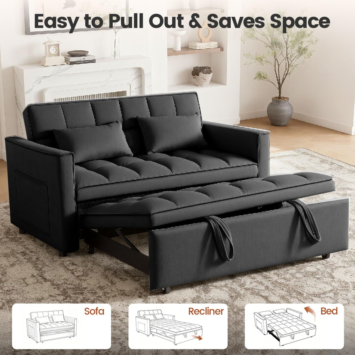 Trygoal Pull Out Couch, Loveseat Sleeper Sofa Bed with Side Pockets, 3 in 1 Velvet Fabric Convertible Sofa Bed with Adjustable Backrest for Living Room, Bedroom, Apartment, Black